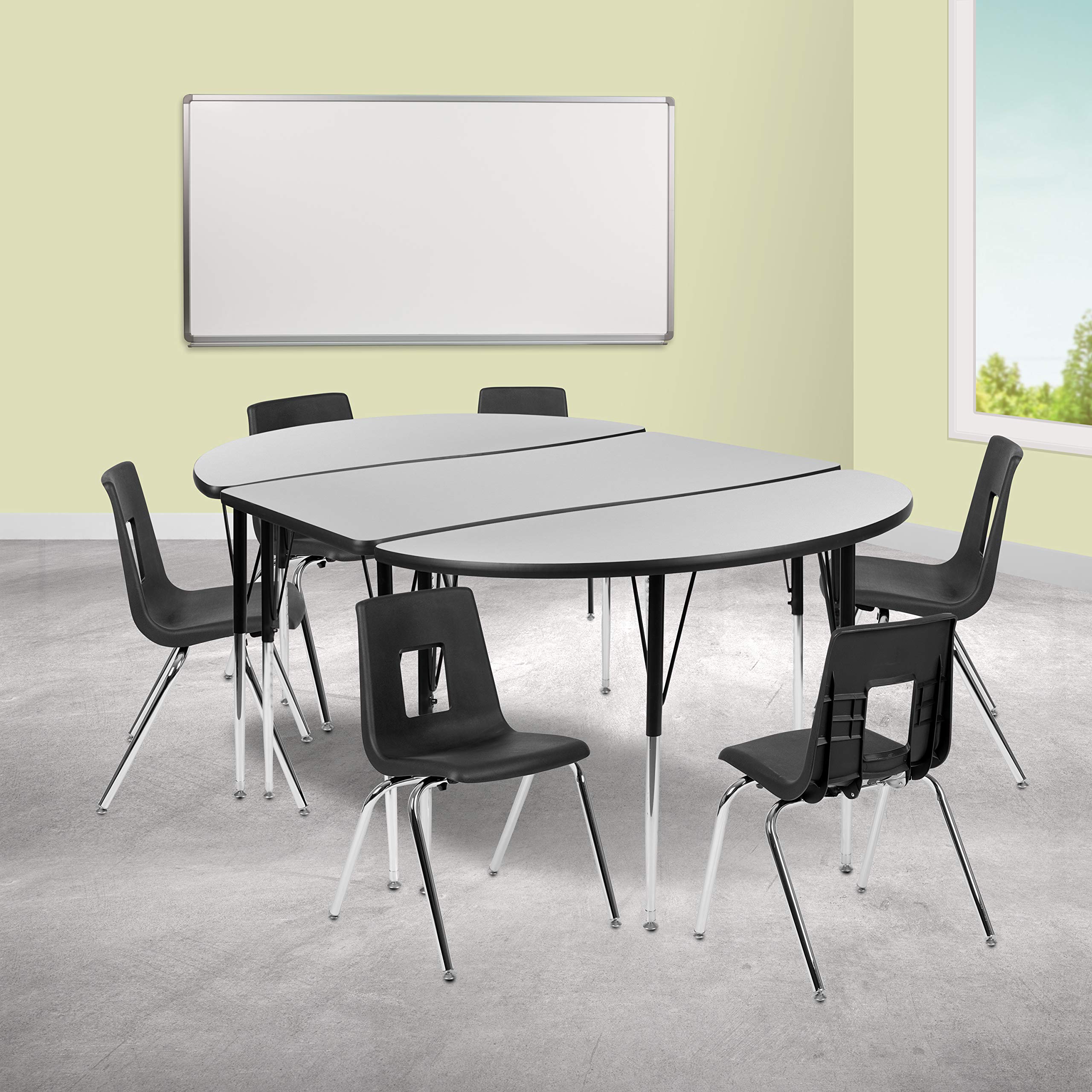 Flash Furniture 76' Oval Wave Collaborative Laminate Activity Table Set With 18' Student Stack Chairs, Grey/Black