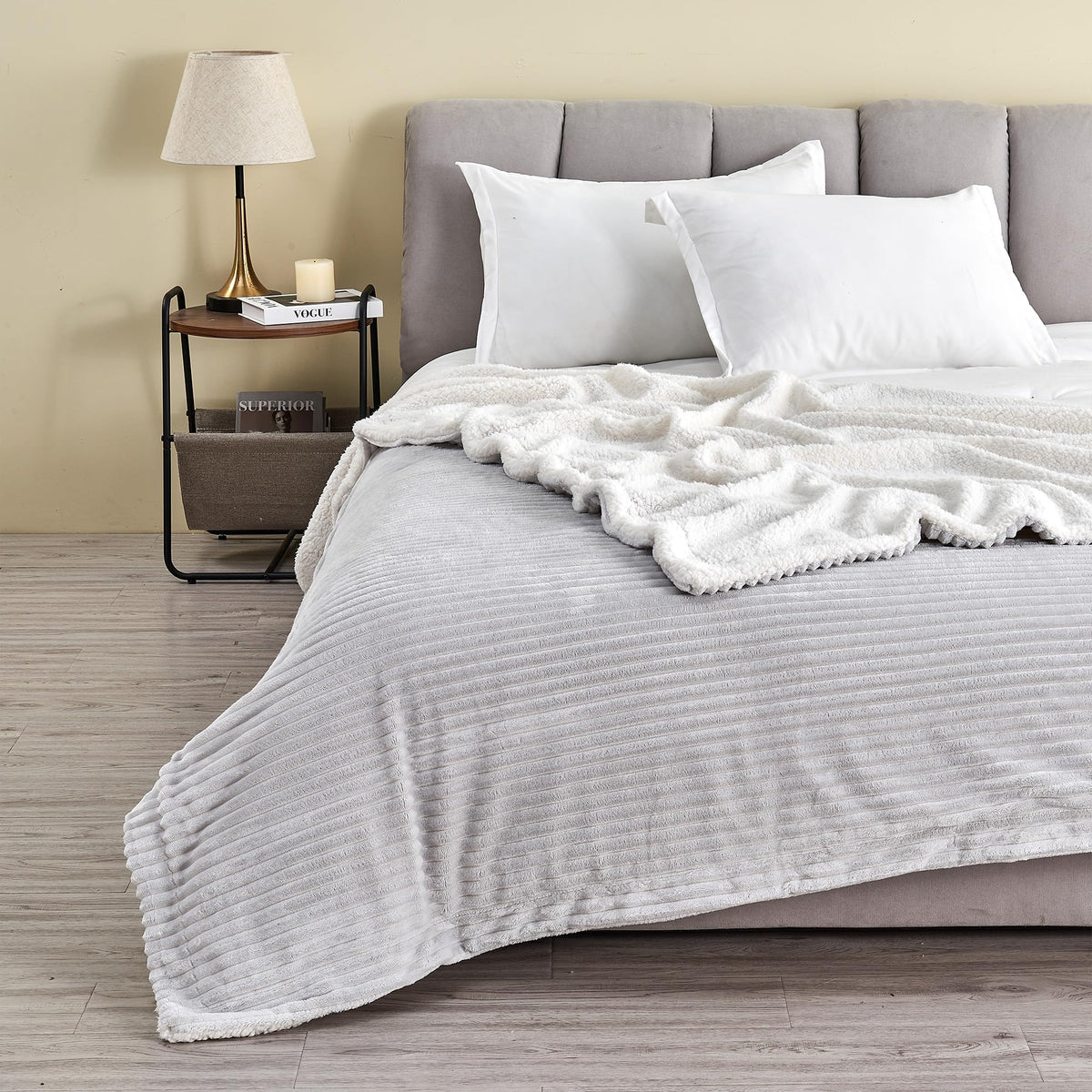 Ribbed Texture Reversible Light Grey Throw Blanket, Fluffy And Luxurious Full Queen Blanket (90' X 90' Blanket, Light Grey)