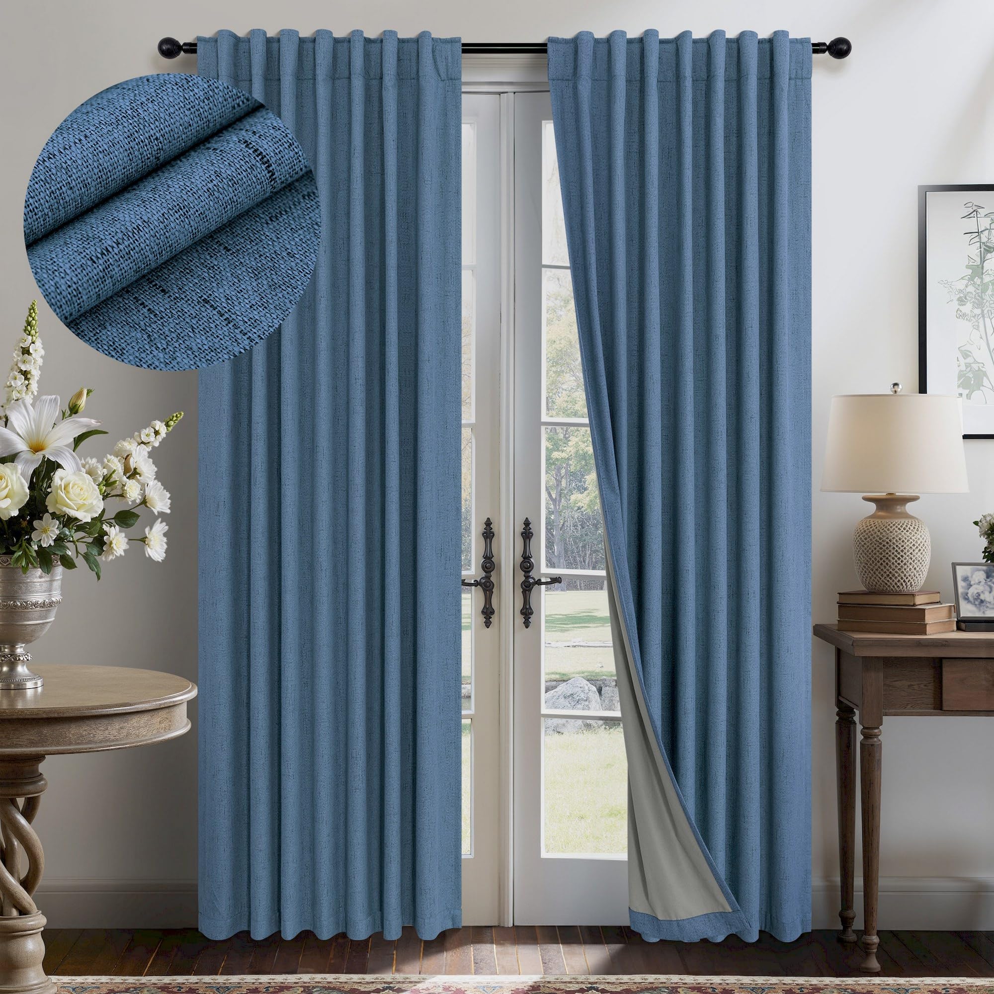 Denim Blue Living Room Darkening Curtains 72 Inches Long 2 Panels Set Faux Linen Cute Black Out Window Drapes for Bedroom Insula