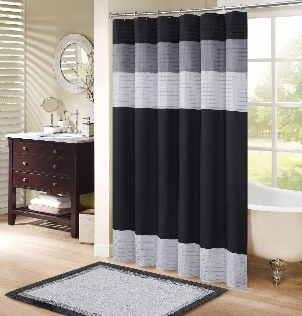 Comfort Spaces Windsor Bathroom Shower Pieced Ruffle Pattern Modern Elegant Microfiber Fabric Bath Curtains, 72X72, Black