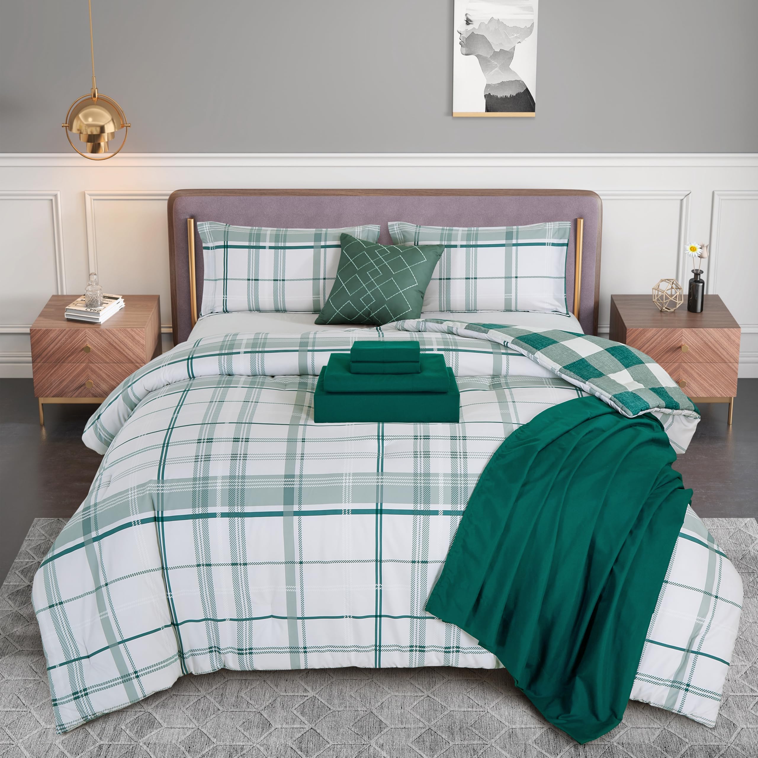 Elegant Comfort Silky Soft 8-Piece Plaid Lodge Bed-In-A-Bag Comforter Set, Includes 4Pc Smart Sheet Set, Comforter, Decorative Pillow, Matching Pillowcases And Shams - Full/Queen, Sage