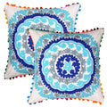 Stylo Culture Decorative Cotton Cushion Covers 16X16 Inch Suzani Embroidered Pom Pom Lace White & Blue Living Room Decor Floral