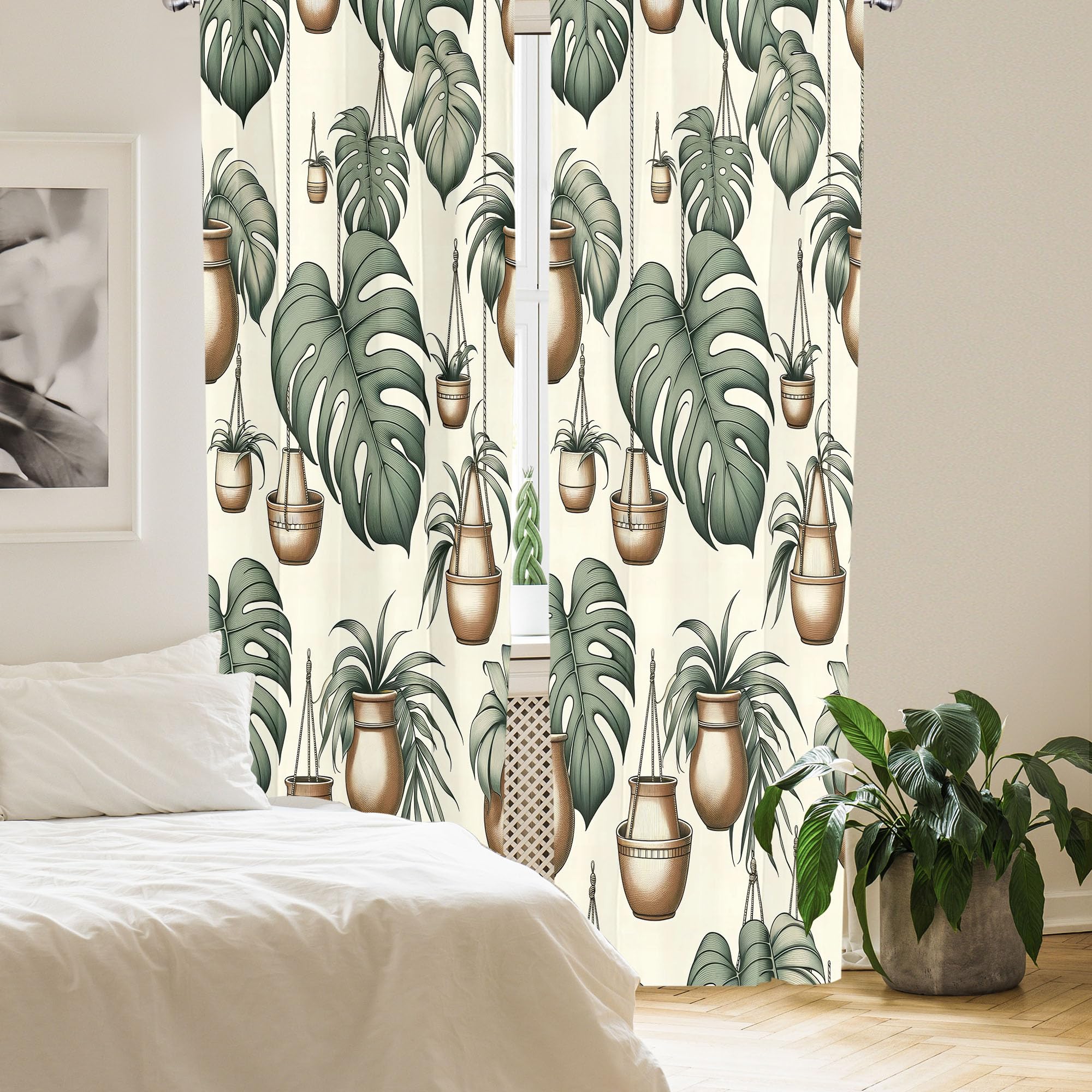Ambesonne Tropical Curtains, Modern Greenery Monstera Leaves And Flowerpots Illustration Bohemian, Window Treatments 2 Panel Set