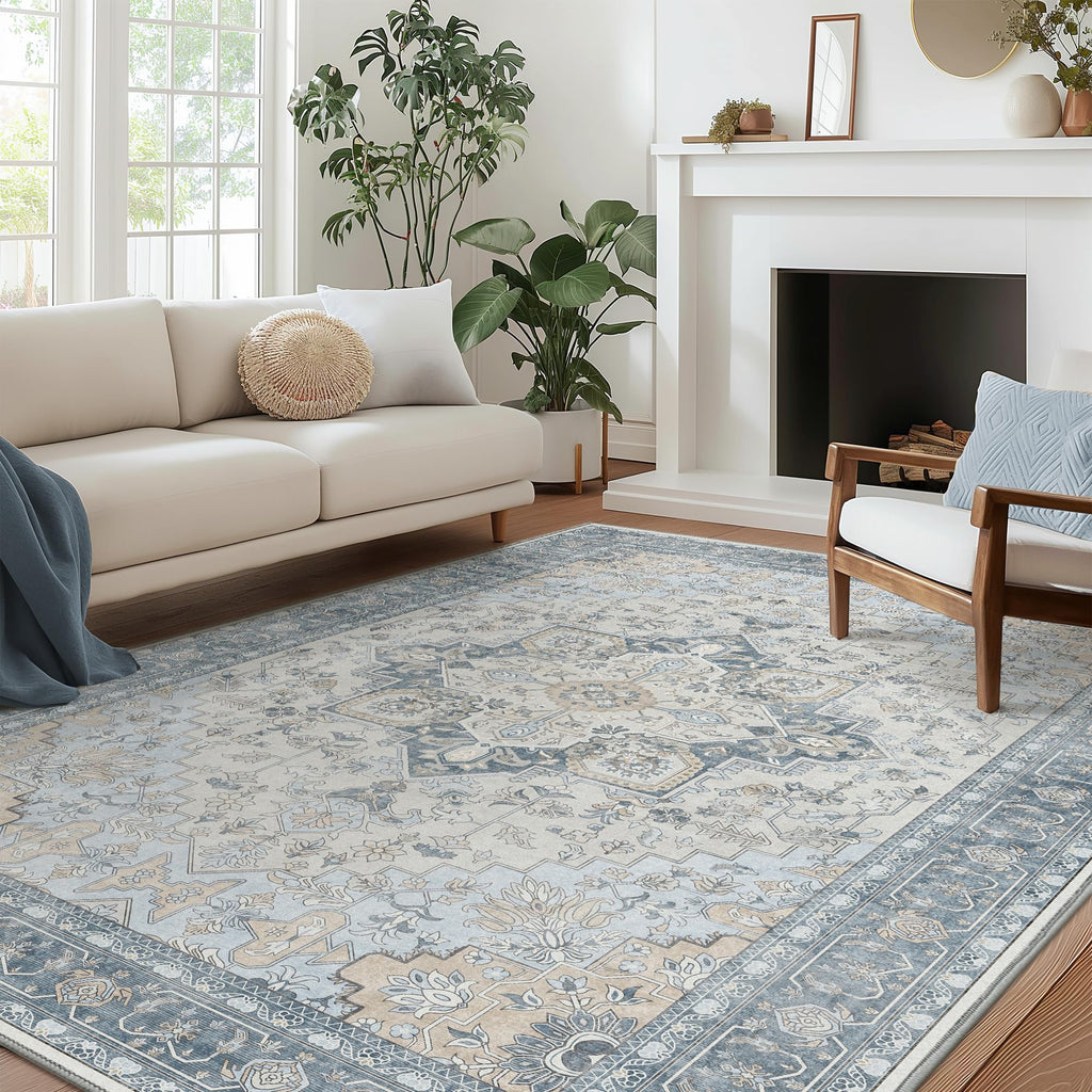 BEIMO Area Rug 9x12 Machine Washable Vintage Distressed Print Blue Floral Medallion Accent Bedroom Living Room Hallway Entryway 