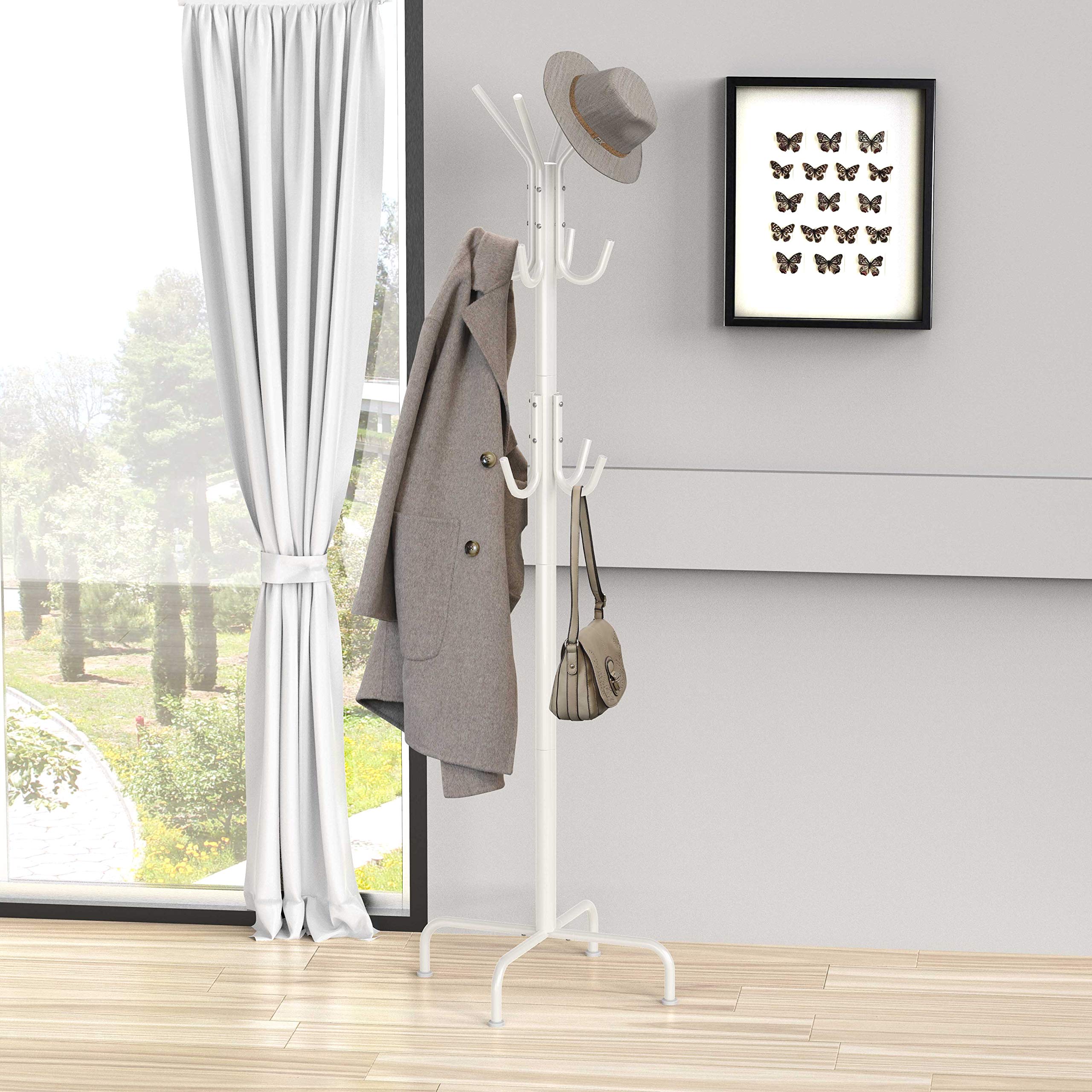 Simple Houseware Standing Coat And Hat Hanger Organizer Rack, 12 Hooks White