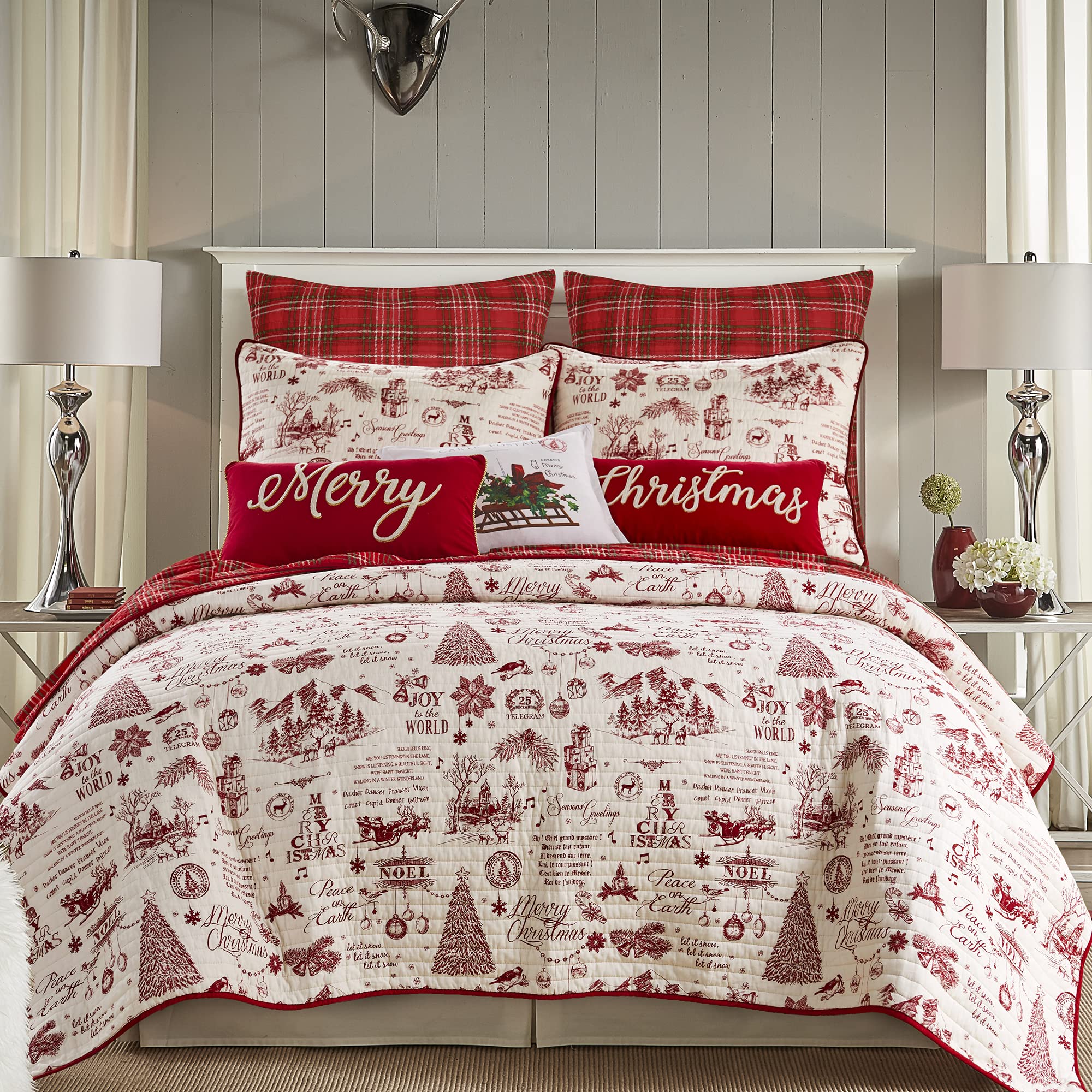 Levtex Home - Yuletide Quilt Set - King/Cal King Quilt (106X92In.) + Two King Pillow Shams (36X20In.) - Christmas Holiday Script
