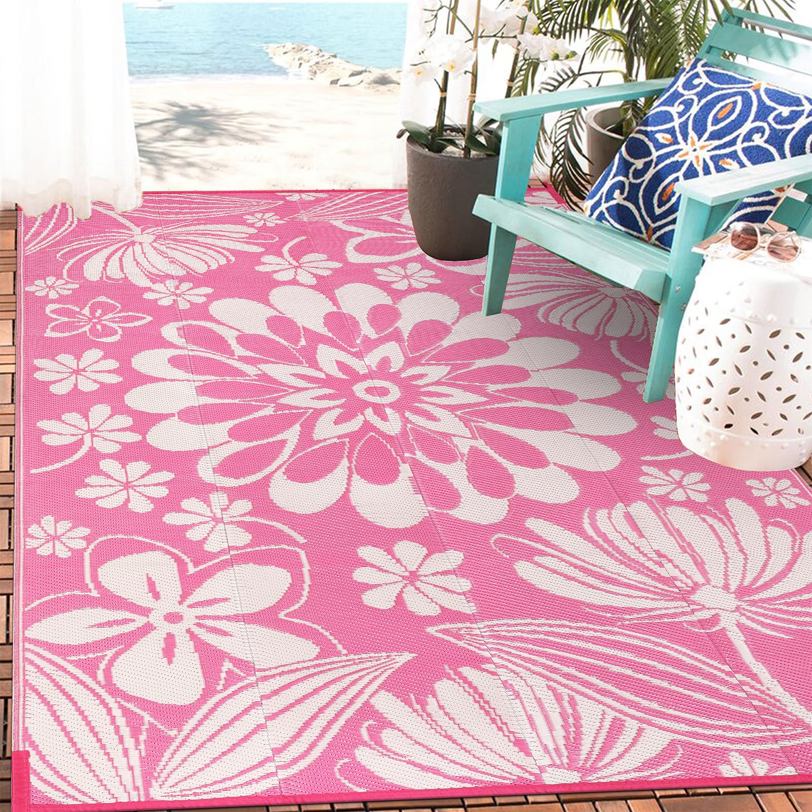 Ileading Outdoor Plastic Straw Rug 5X8Ft Funny Floral Style Reversible Patio Area Rugs Waterproof Non Shedding Portable Carpets