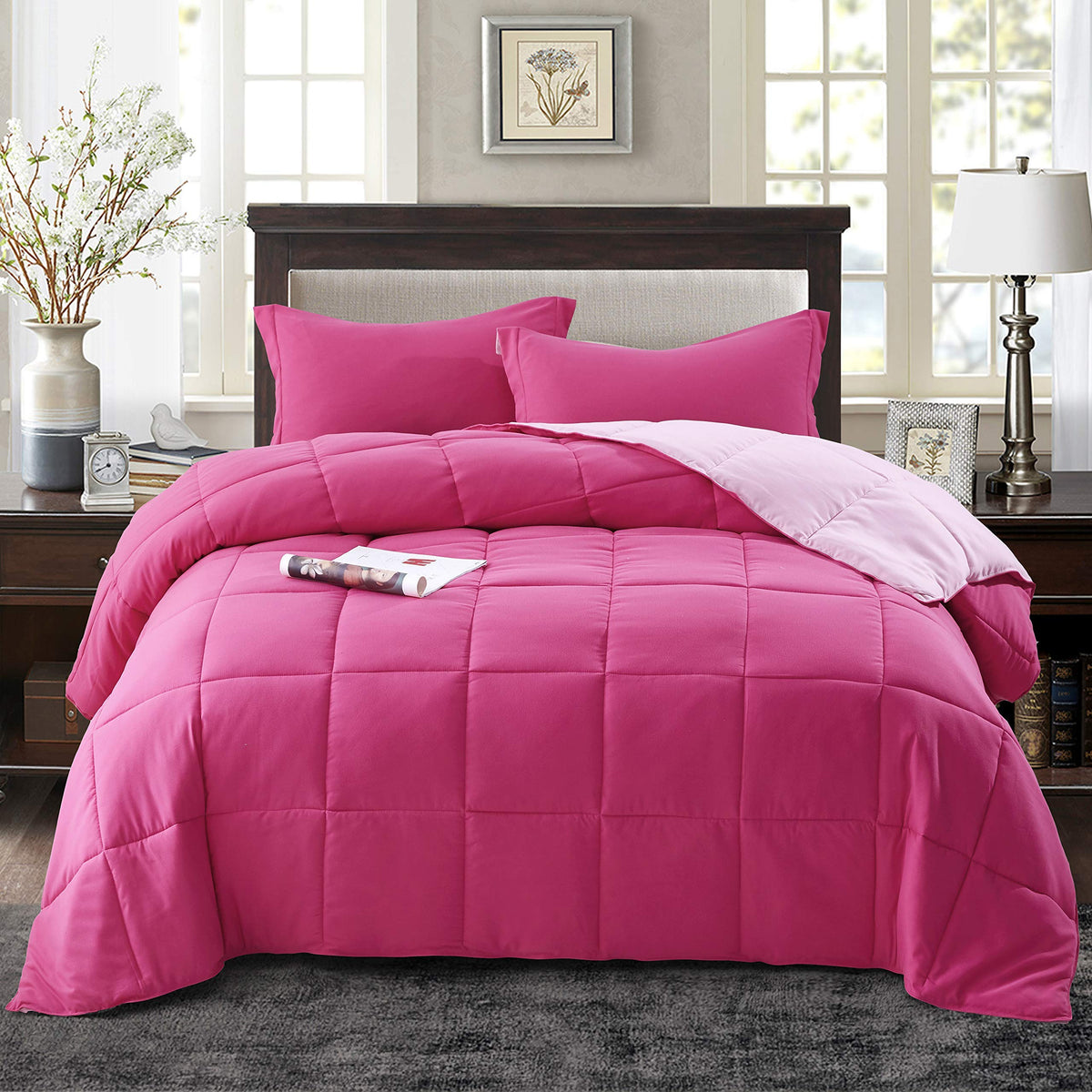 Hig 3Pc Pink Twin/Twin Xl Comforter Set - All Season Reversible Down Alternative Comforter With Sham - Quilted Duvet Insert With