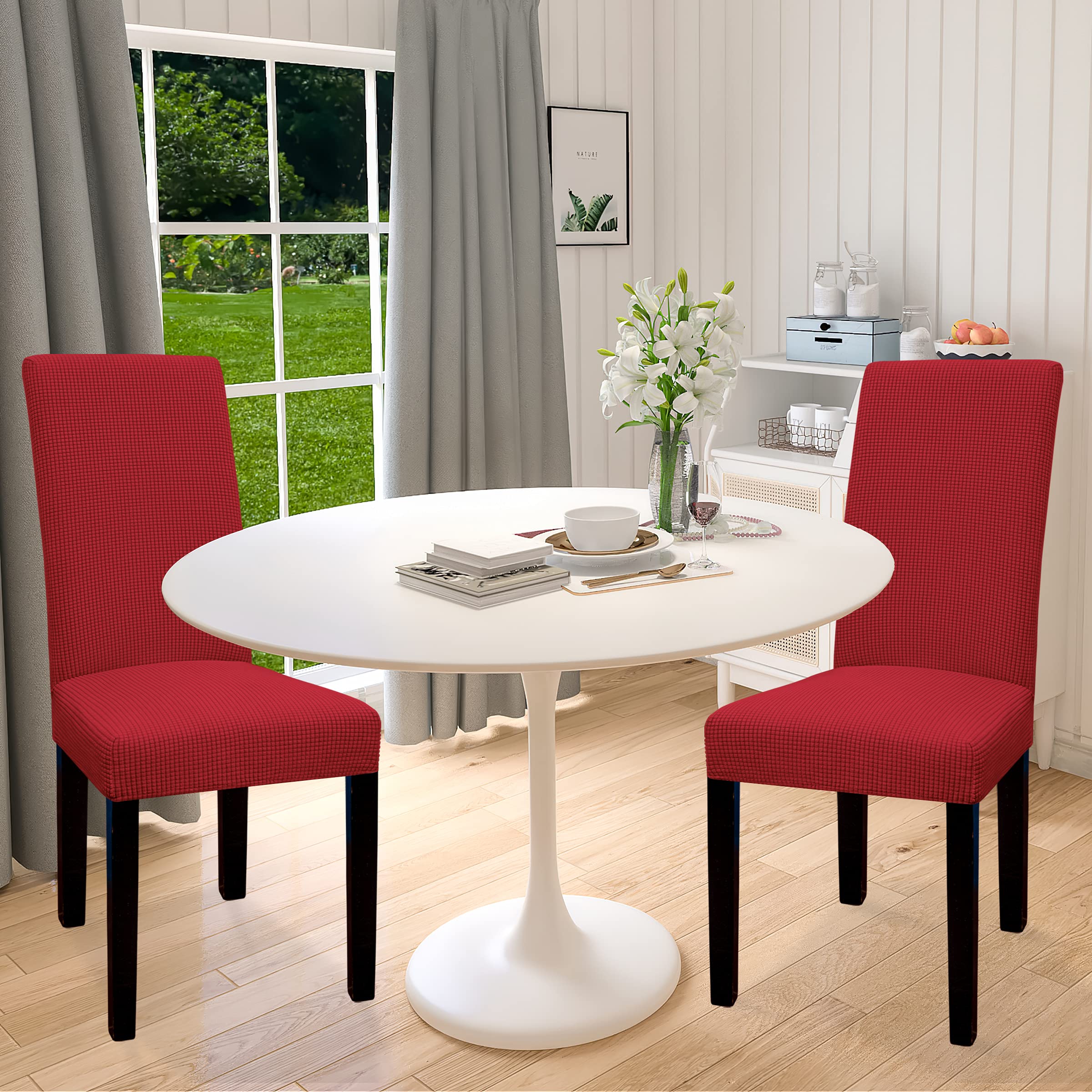 Easy-Going 100% Waterproof Dining Room Chair Cover Set Of 2, Stretch Jacquard Parson Chair Slipcover Removable Washable Chair Protector For Home, Restaurant, Banquet (Large, Red)