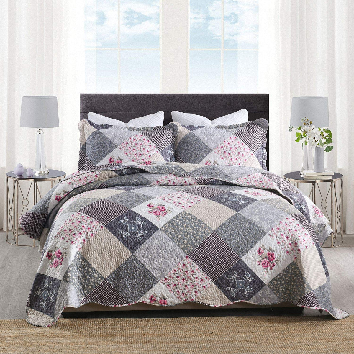 Honeilife Quilt Set Queen Size - 3 Piece Microfiber Quilts Reversible Bedspreads Patchwork Coverlets Floral Bedding Set All Seas