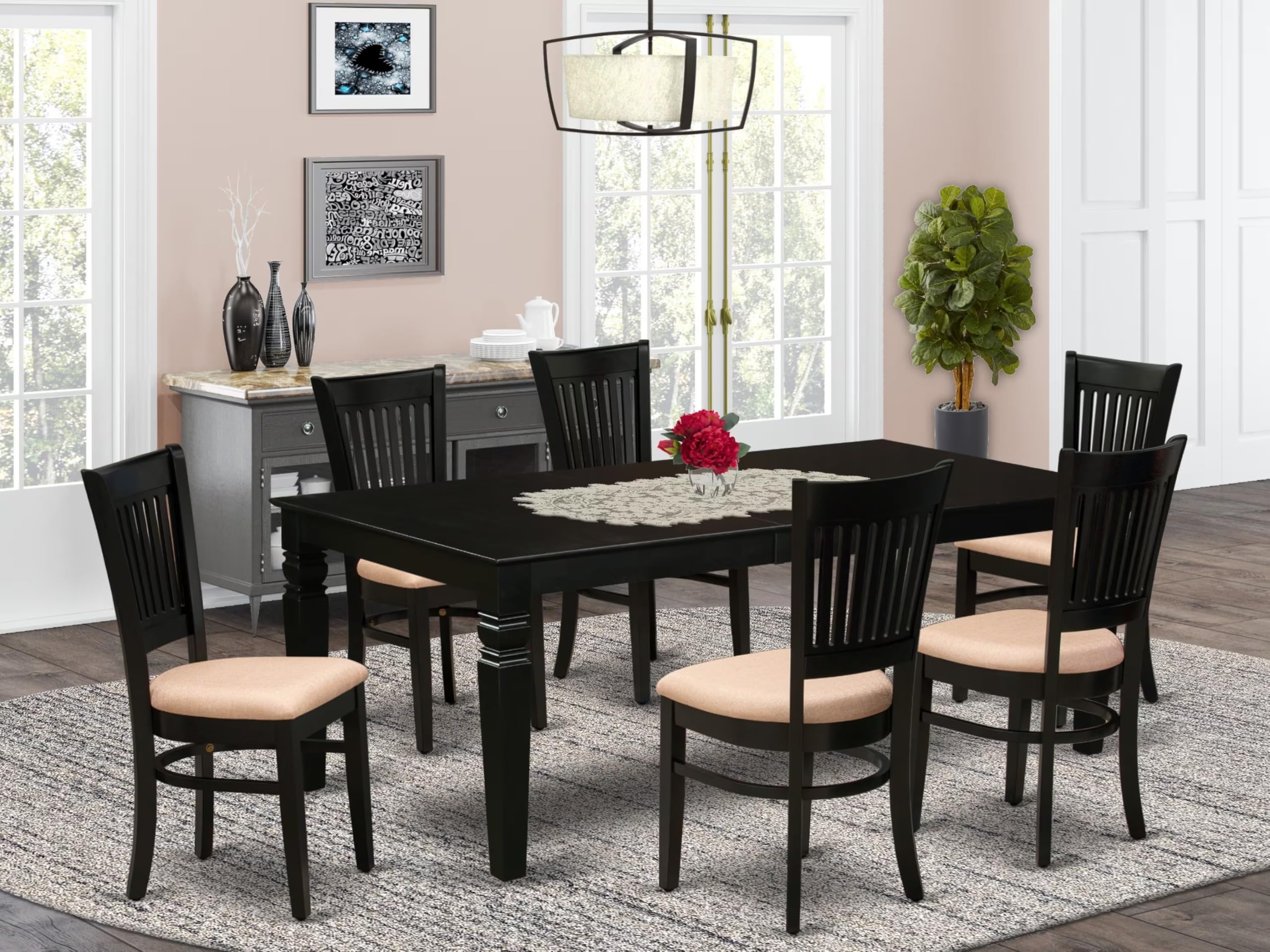 East West Furniture LGVA7-BLK-C 7 Piece Modern Dining Table Set Consist of a Rectangle Wooden Table with Butterfly Leaf and 6 Linen Fabric Kitchen Dining Chairs, 42x84 Inch, Black