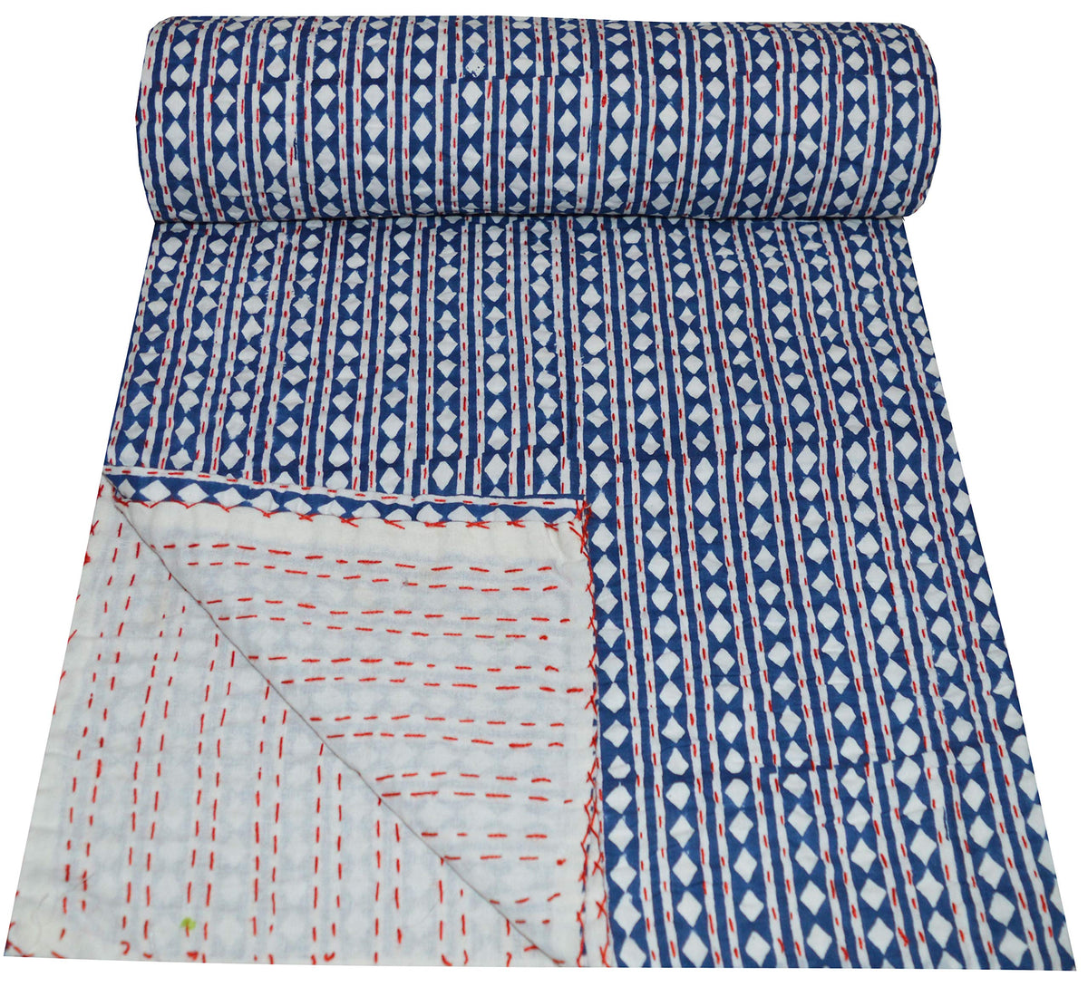 YUVANCRAFTS Indian Bagru Hand Block Print Kantha Quilt Twin Size Pure Cotton Handmade Vintage Kantha Quilt Throw Kantha Blanket