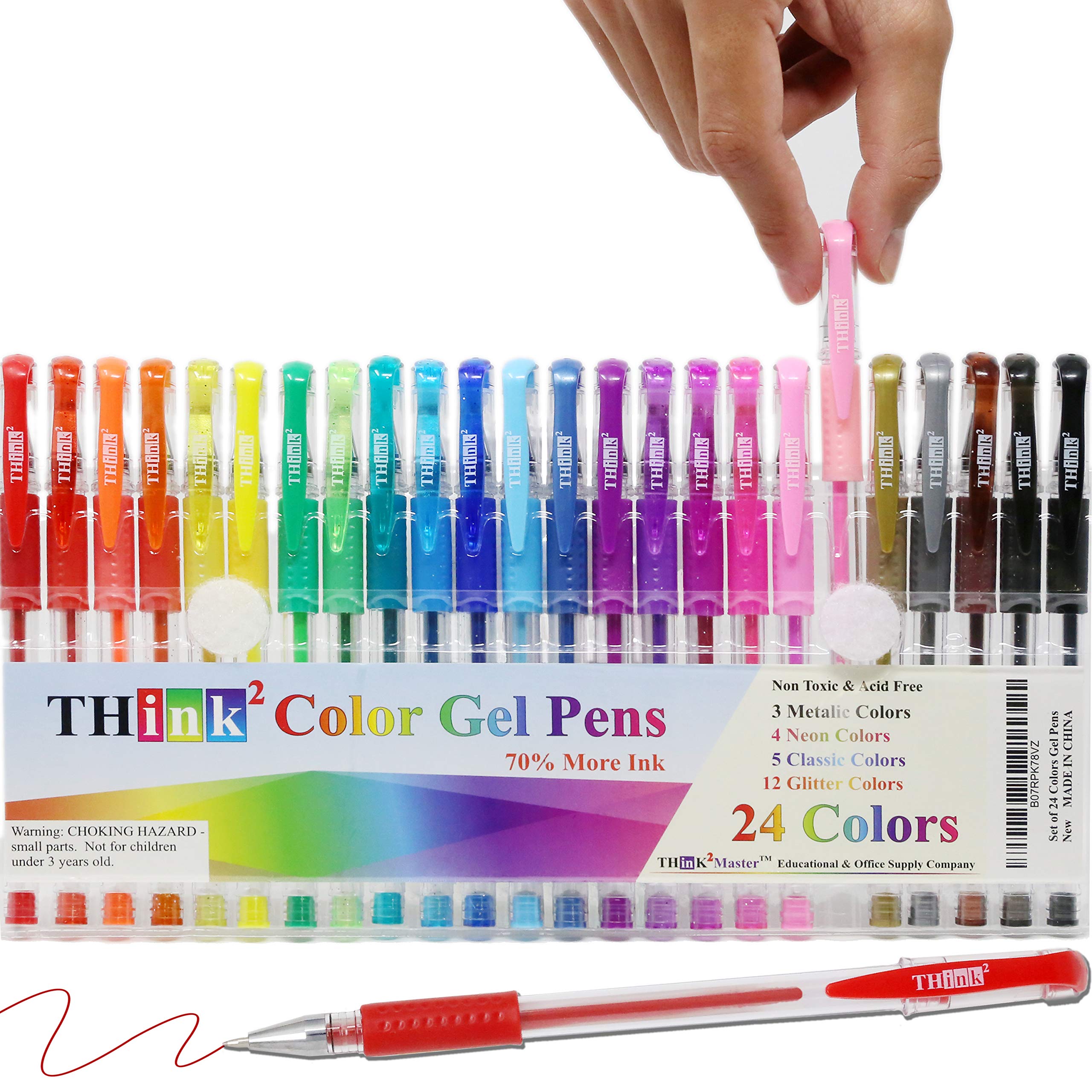 Think2Master [24 Colors] Think2 Color Gel Pens Set For Kids And Adult. Perfect For Drawing, Journaling, Doodling, Scrapbooking