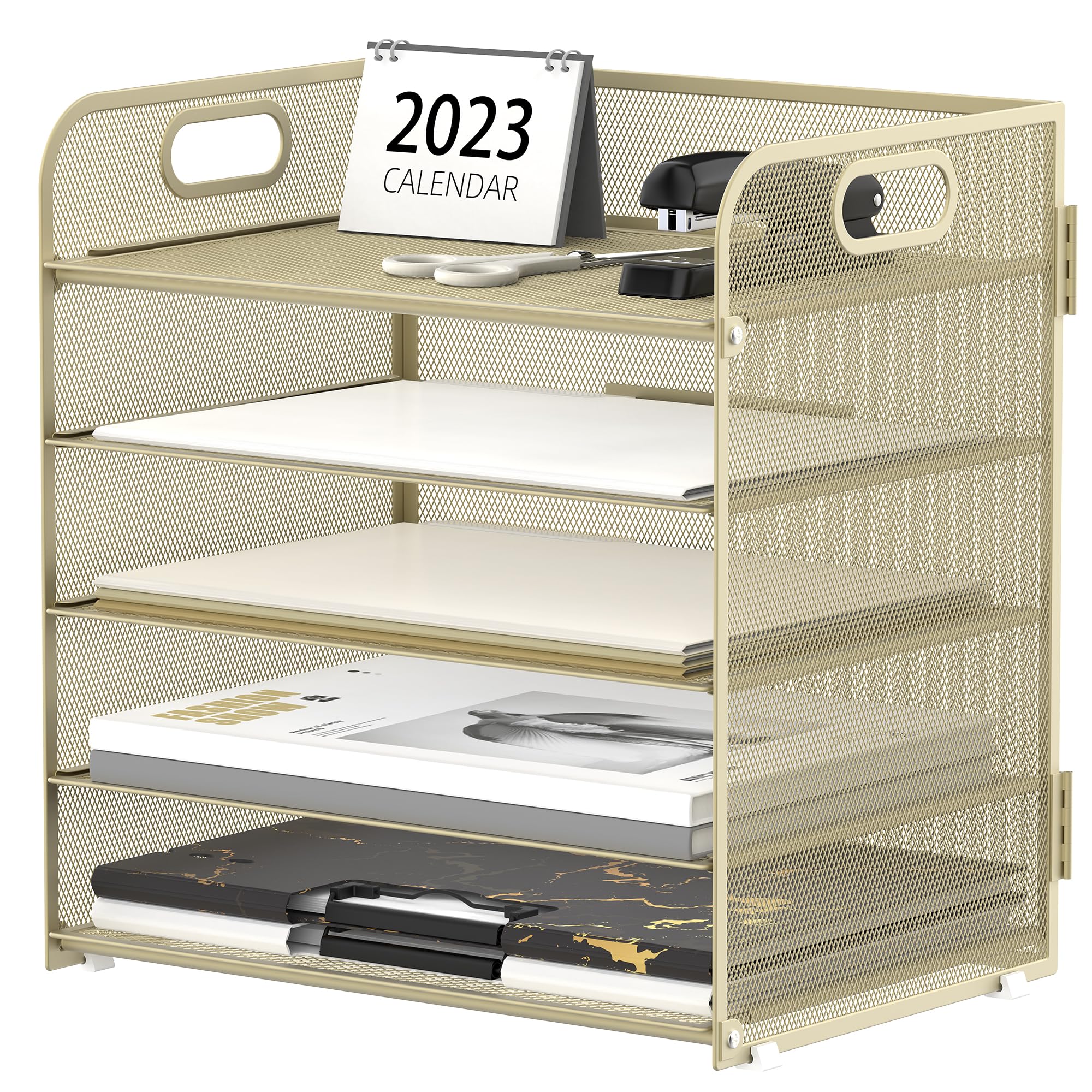 Supeasy 5 Trays Paper Organizer Letter Tray With Handle-Mesh Desk File Organizer,Pink Paper Sorter Desk Organizer For Office, Ho