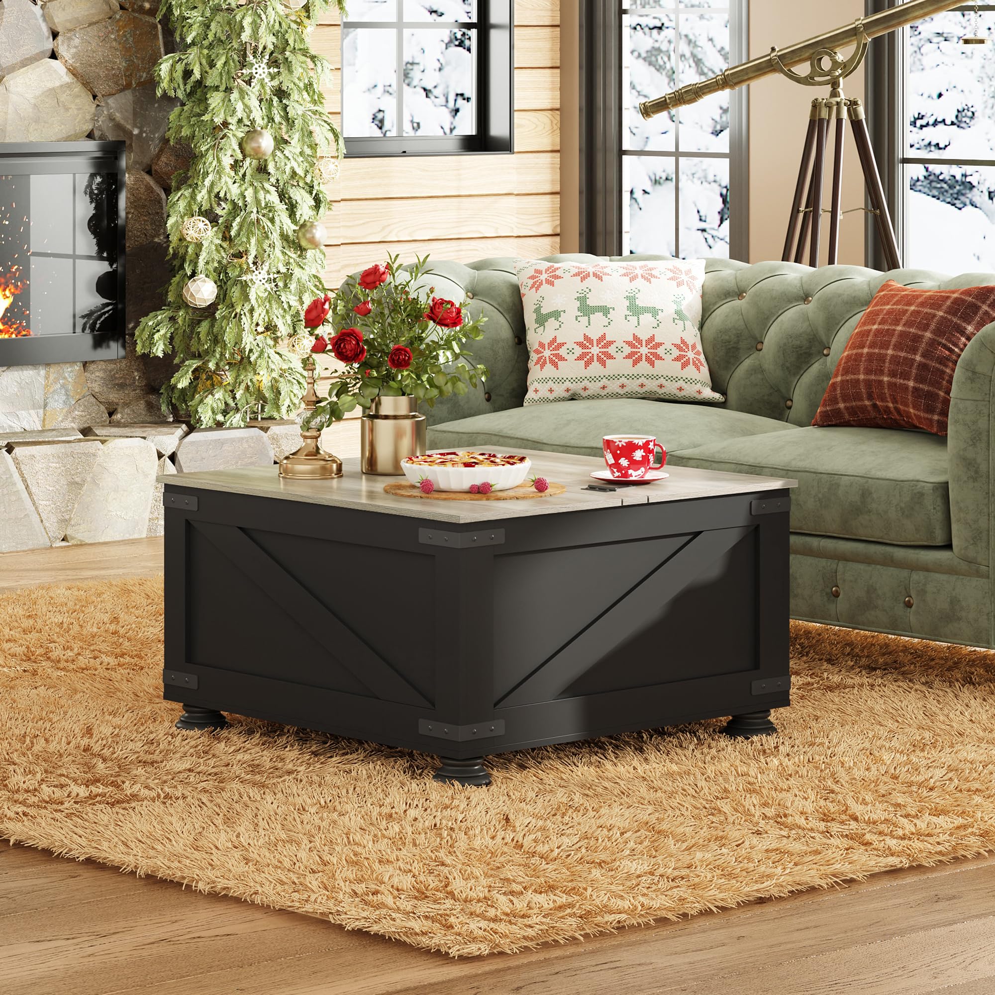 Wlive Farmhouse Lift Top Coffee Table With Storage, 31.5' Square Center Table, Flip-Top Hidden Compartment, Wood-Grain Coffee Table For Living Room, Bedroom, Black
