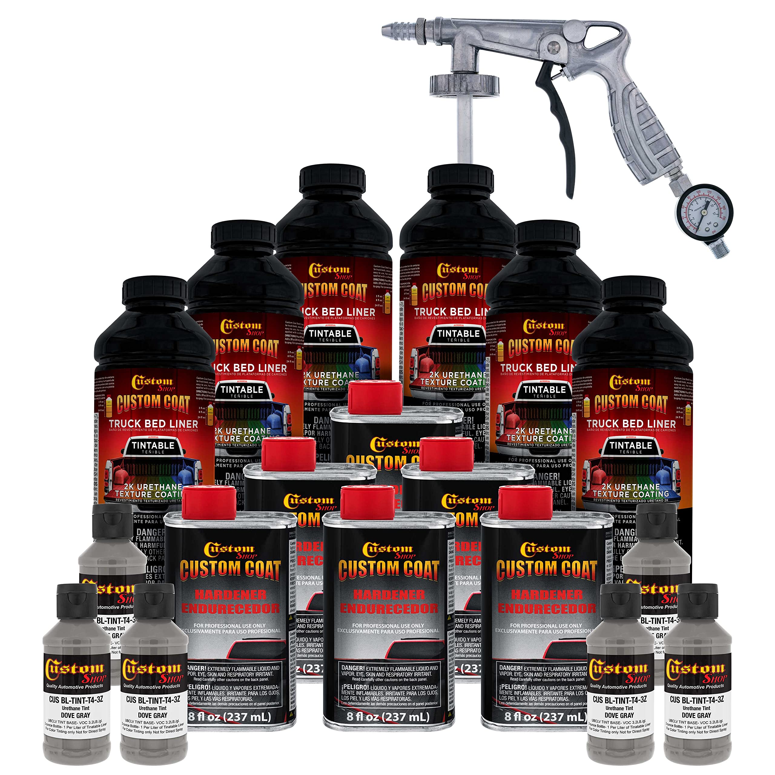 Custom Coat Dove Gray 1.5 Gallon (6 Quart) Urethane Spray-On Truck Bed Liner Kit With Spray Gun And Regulator - Easy Mixing, Sha