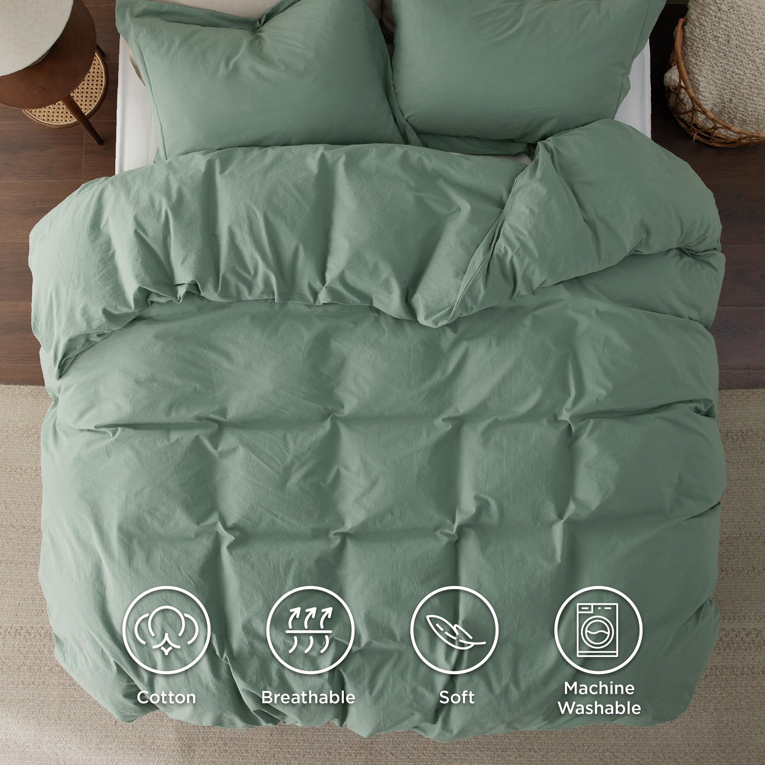 Bedsure 100% Washed Cotton Duvet Cover King Size - Green Minimalist Cotton Duvet Cover Linen Like - 3 Pieces Gentlesoft™ Plain Simple Bedding Set With 2 Pillow Shams (Green, King, 104'X90')