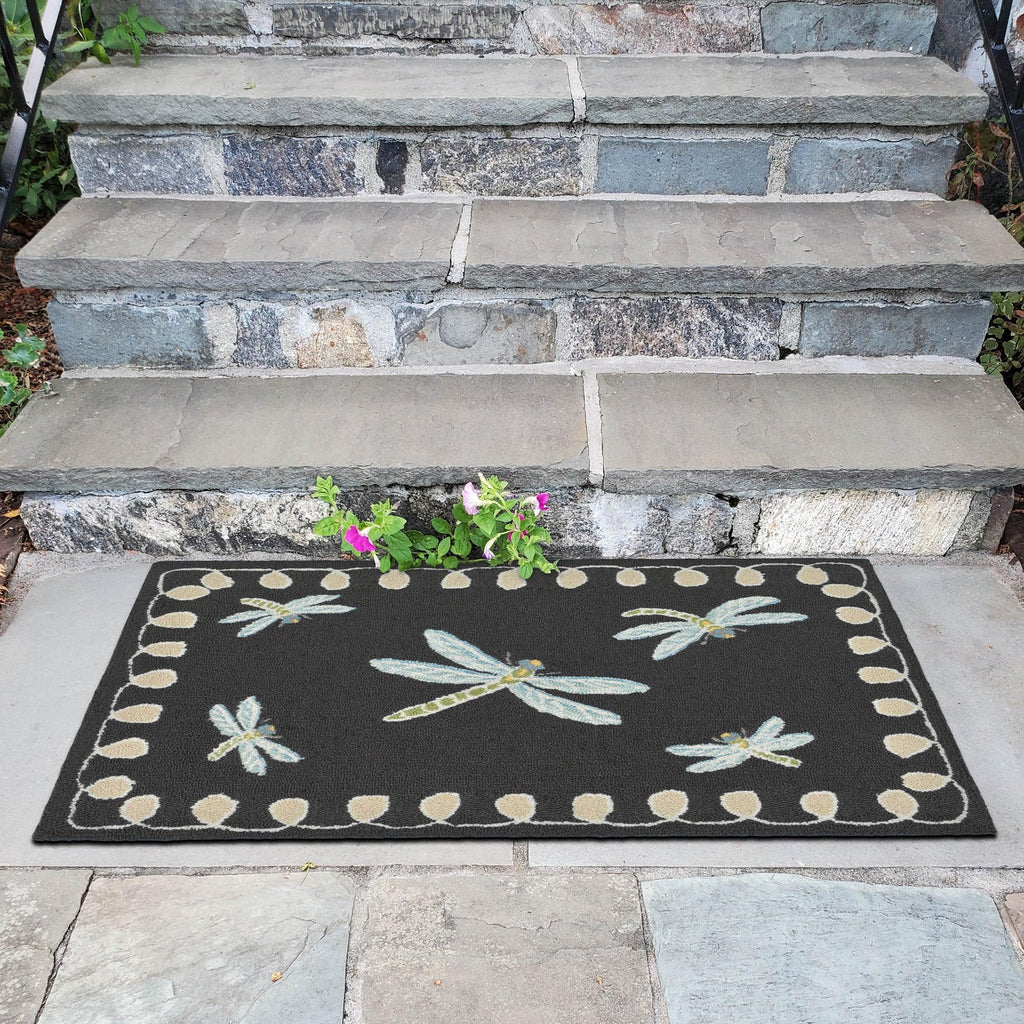 Liora Manne Frontporch Hand-Tufted Indoor/Outdoor Easy Care Area Rug Rug-Transitional, Garden, Whimsical, Contemporary, Dragonfly Midnight 1'8' X 2'6'