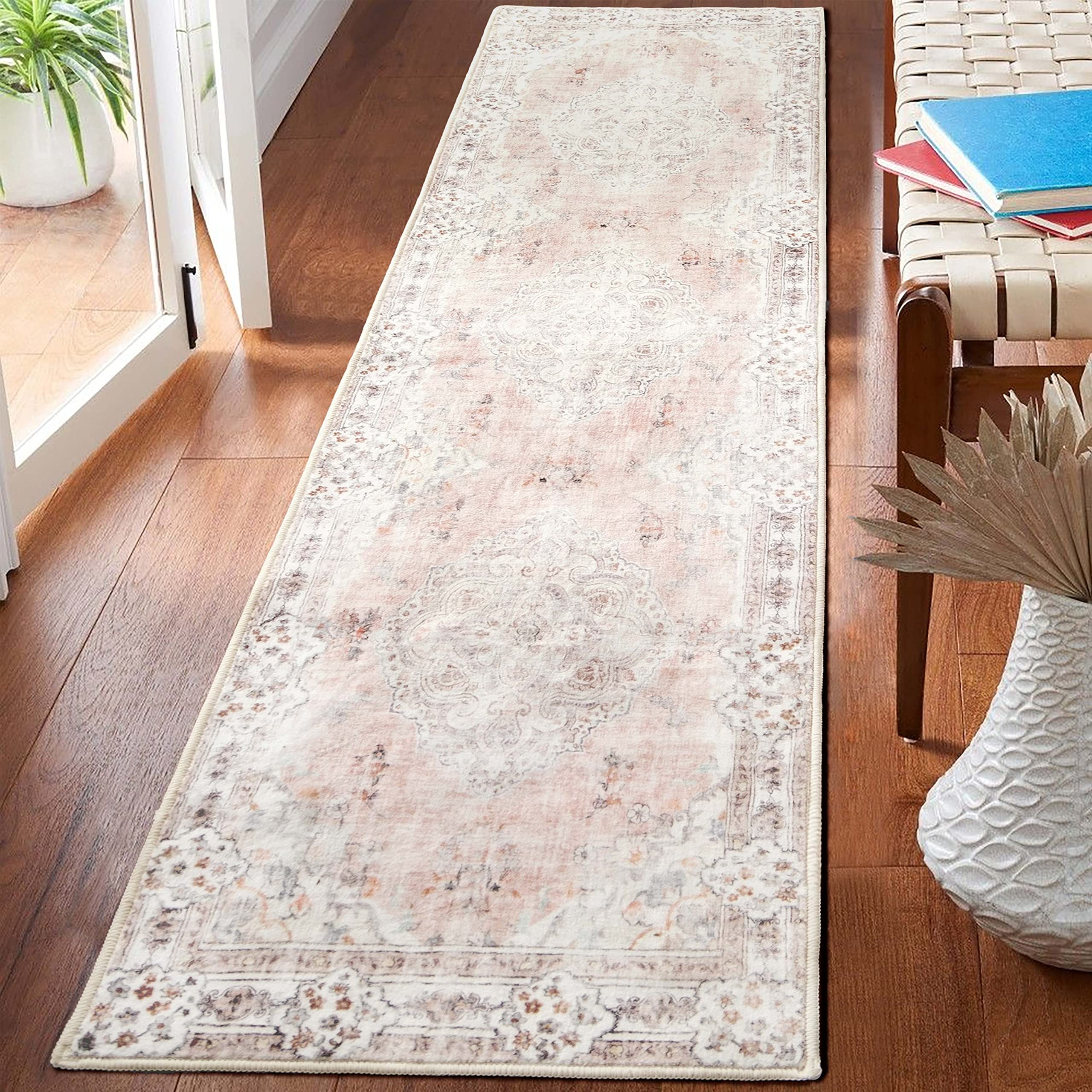 MUJOO Hallway Runner Rug 2x8 Pink Long Rug Runners Boho Machine Washable Non Slip Carpet for Entryway Kitchen Bathroom Bedside