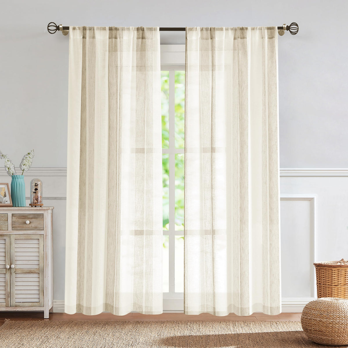 Beige and White Stripe Sheer Farmhouse Curtains Boucle Linen Window Curtain Drape Yarn Dyed Woven 84 Inches Long for Living Room