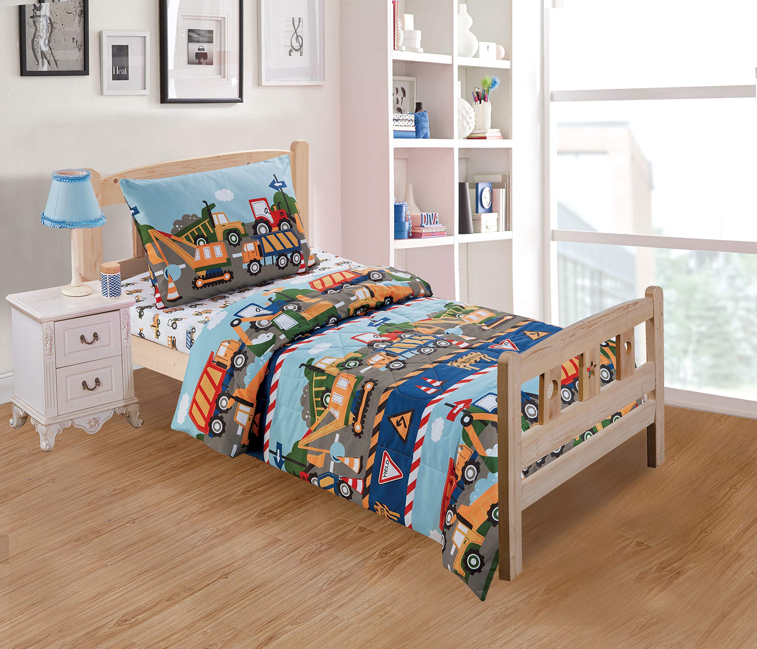 Linen Plus Comforter Set For Kids Construction Tractors Blue Red Green Yellow Grey White New (Toddler)