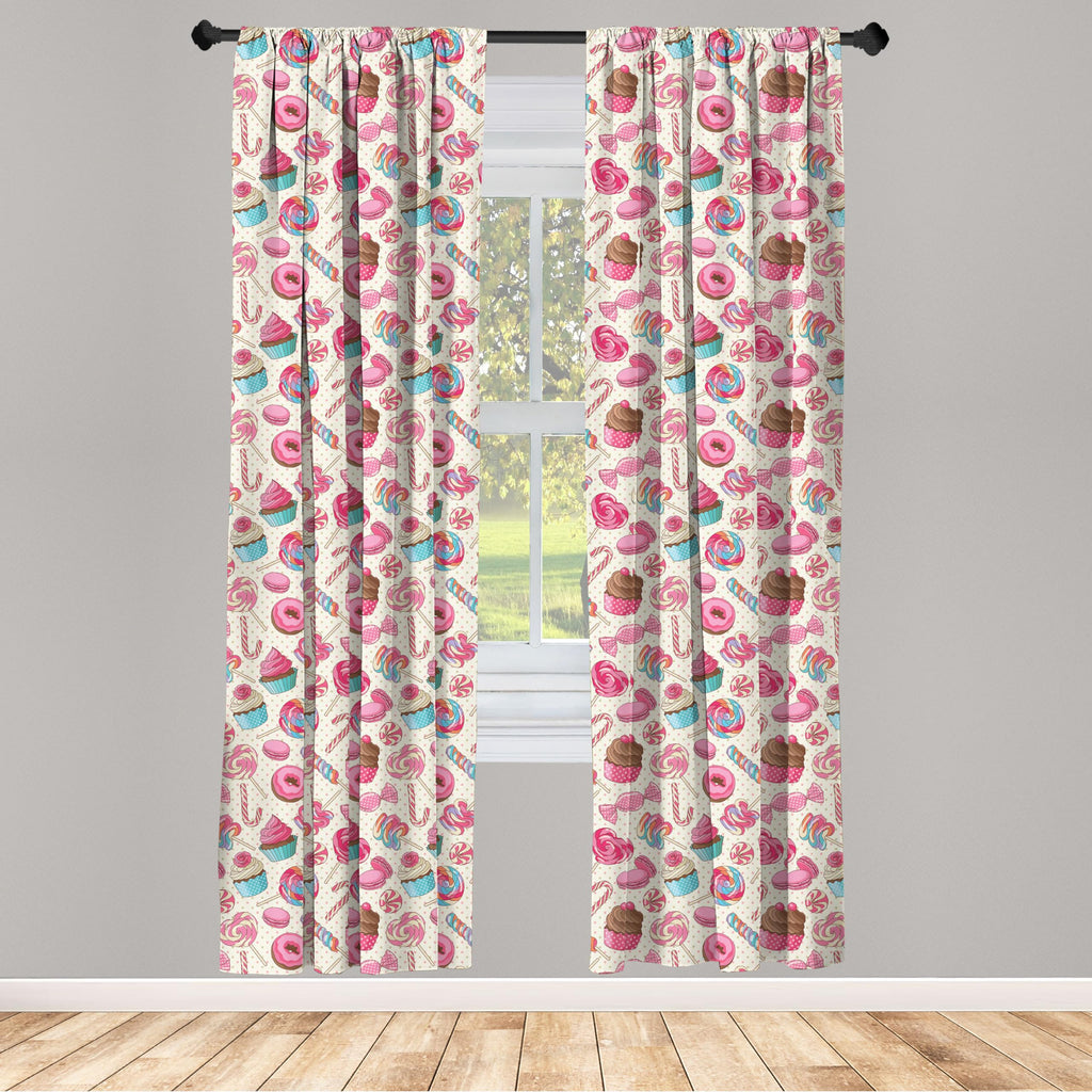 Ambesonne Candy Cane Window Curtains, Yummy Lollipop Candy Macaroon Cupcake And Donut On Polka Dots Pattern, Lightweight Decor 2