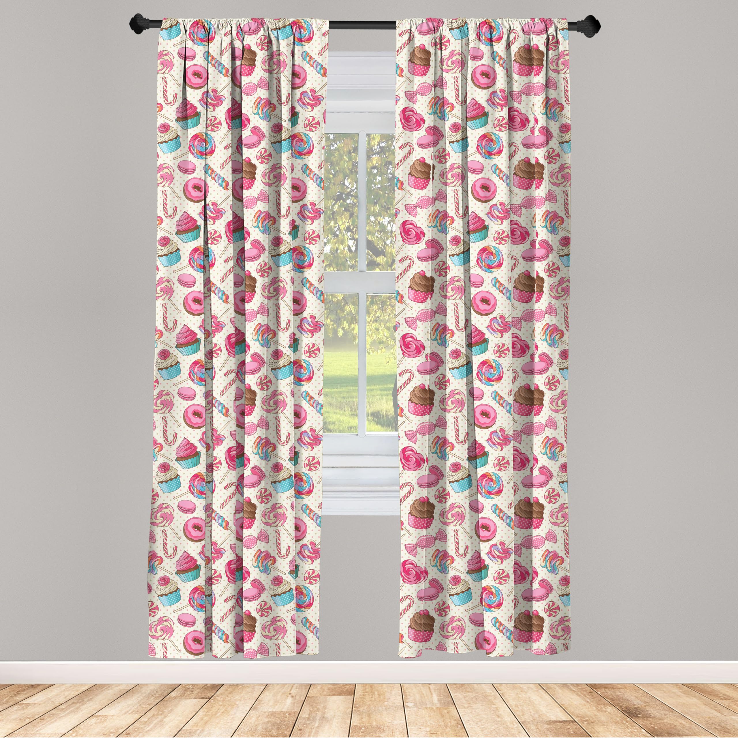 Ambesonne Candy Cane Window Curtains, Yummy Lollipop Candy Macaroon Cupcake And Donut On Polka Dots Pattern, Lightweight Decor 2