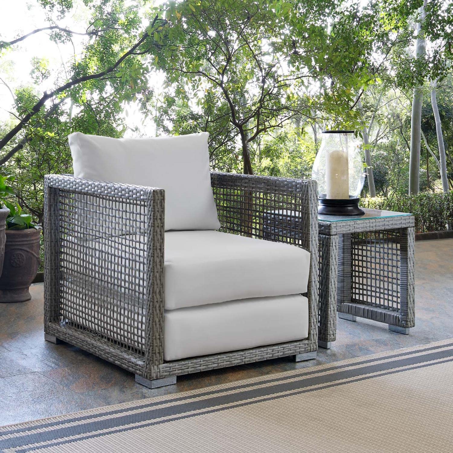 Modway Aura Wicker Rattan Outdoor Patio Arm Chair With Cushions In Gray White