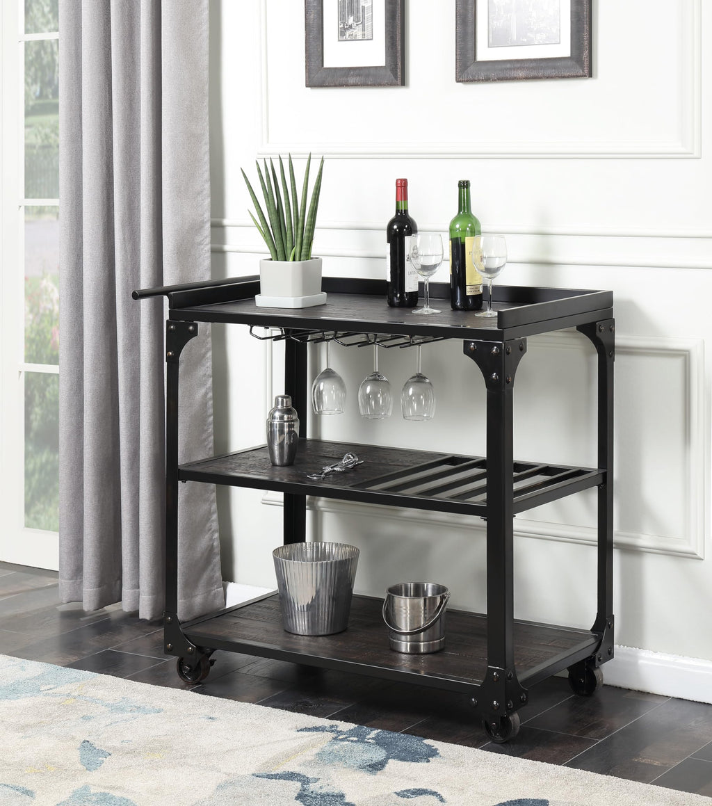 Steve Silver Furniture Sherlock Bar Cart Server, 3-Tier, Industrial Accent Design, Distressed Dark Charcoal Finish, Rustic Styling, Bottle Rack, for Kitchen, Dining Room, 20" D x 40" W x 36" H, Black