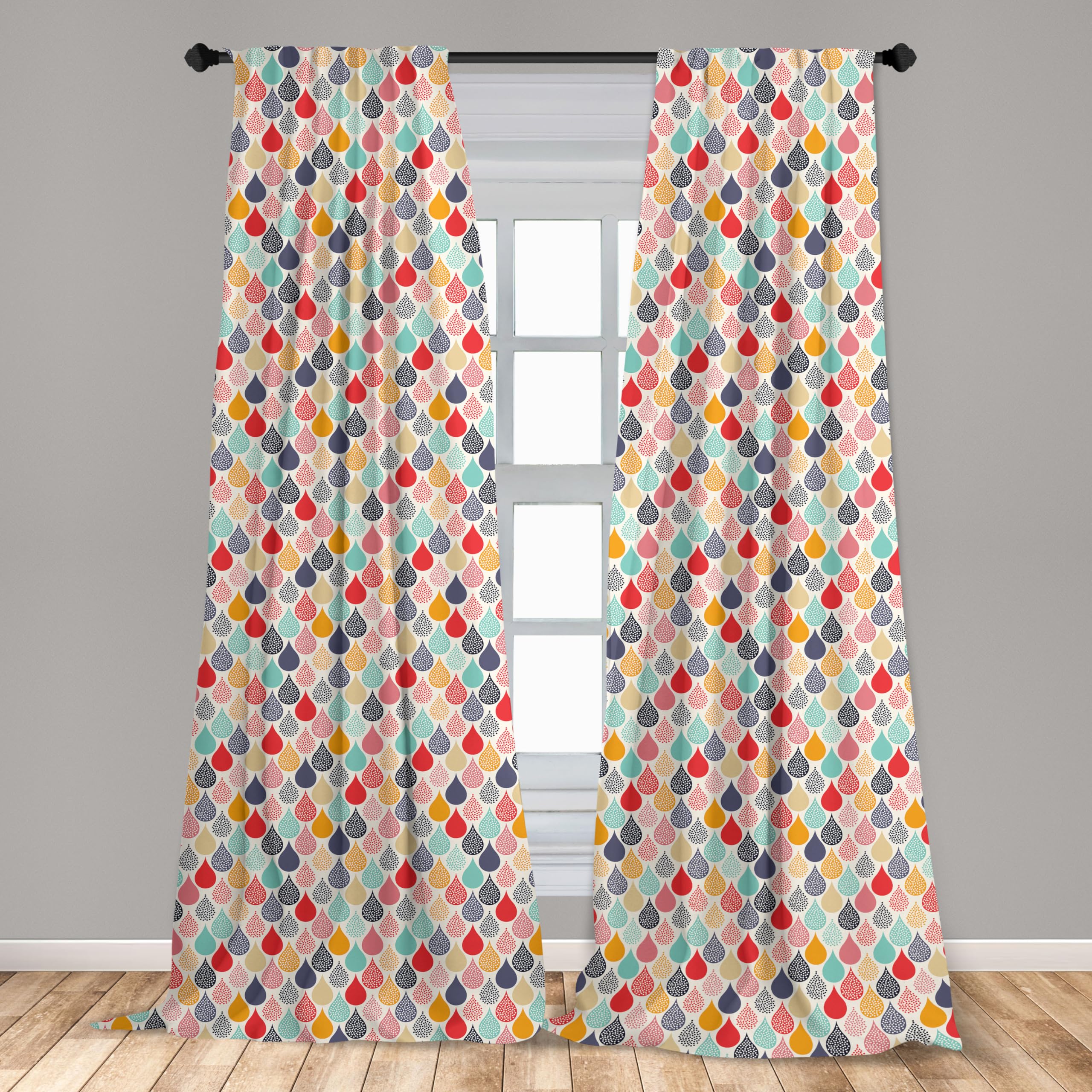 Ambesonne Geometric Window Curtains Pack Of 2, Raindrops Doodle Style Creative Leaf Shaped Colorful Girls Theme, Lightweight Set