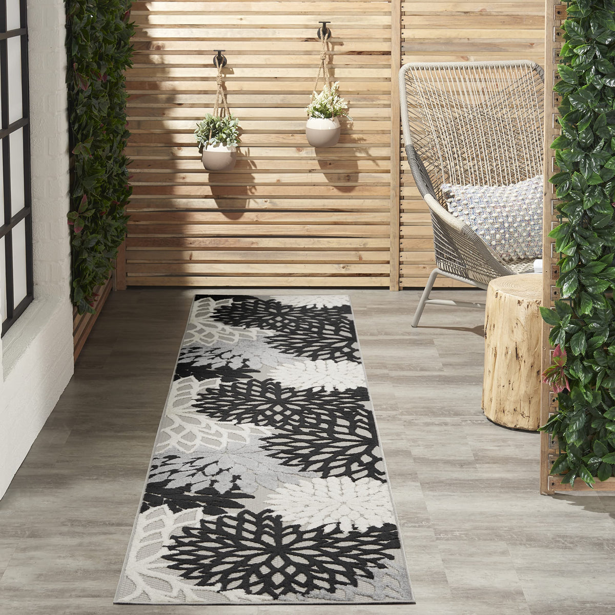 Nourison Aloha Indoor/Outdoor Black White 2'3' X 10' Area Rug, Tropical, Botanical, Easy -Cleaning, Non Shedding, Bed Room, Living Room, Dining Room, Deck, Backyard, Patio (2X10)