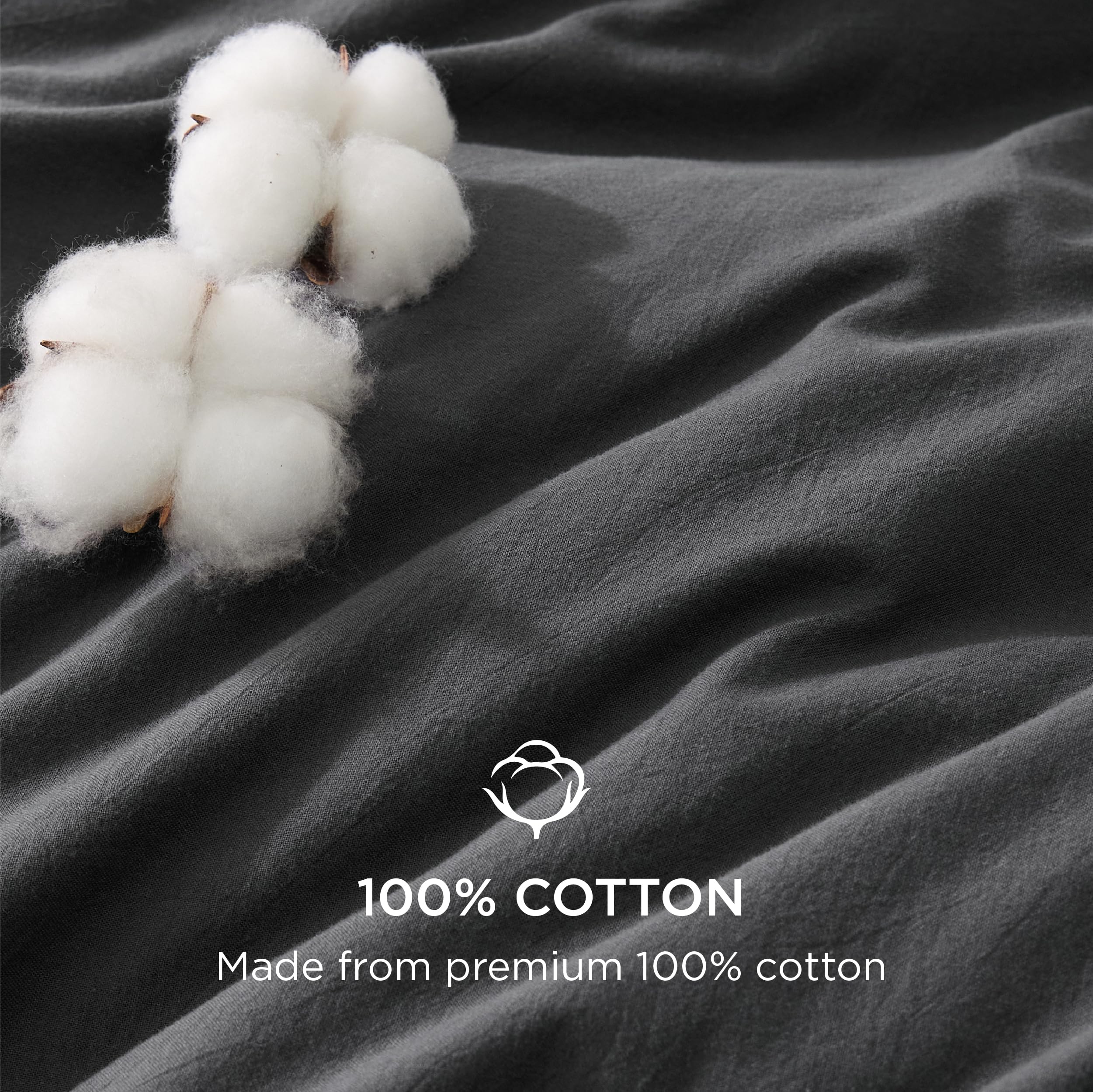 Bedsure 100% Stone Washed Cotton Duvet Cover King - Charcoal Minimalist Cotton Duvet Cover Set Linen Like - 3 Pieces Gentlesoft™ Plain Simple Bedding Set With 2 Pillow Shams (Charcoal, King, 104'X90')