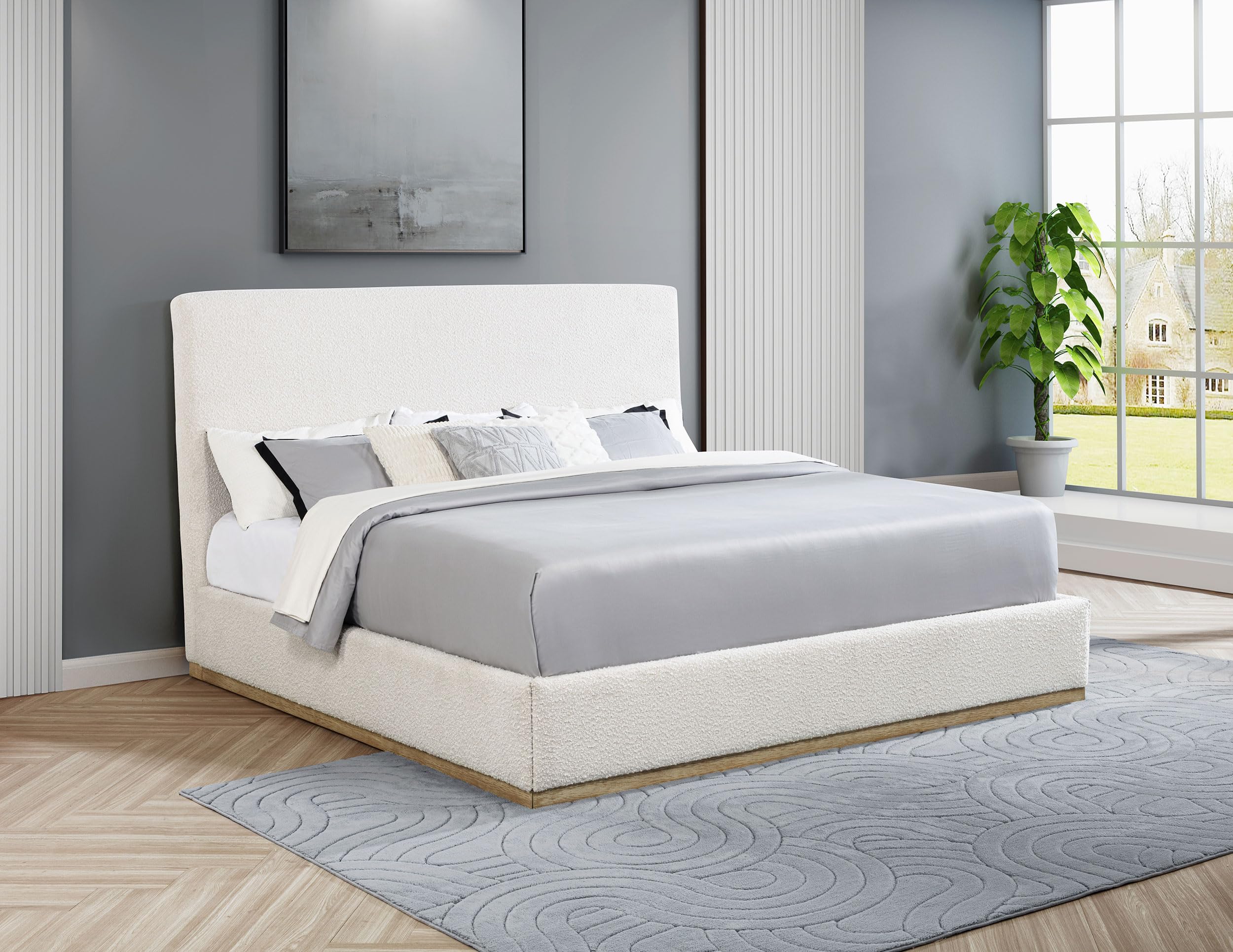 Coaster Home Furnishings Knox Transitional Boucle Upholstered Eastern King Size Panel Bed Frame Platform Bed 53-inch Headboard Cream 302053KE
