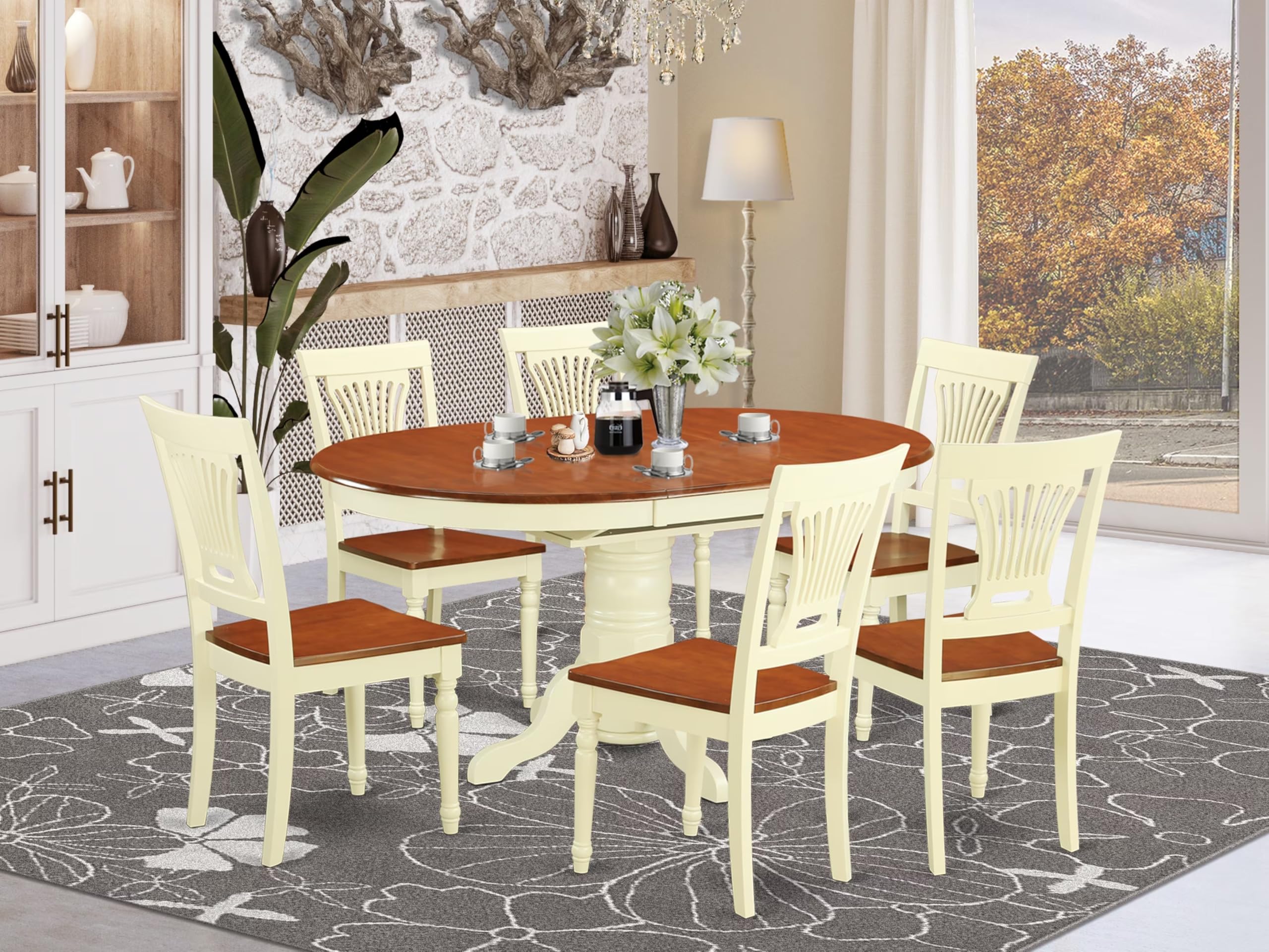 East West Furniture AVPL7-WHI-W 7 Piece Dining Room Furniture Set Consist of an Oval Kitchen Table with Butterfly Leaf and 6 Dining Chairs, 42x60 Inch, Buttermilk & Cherry