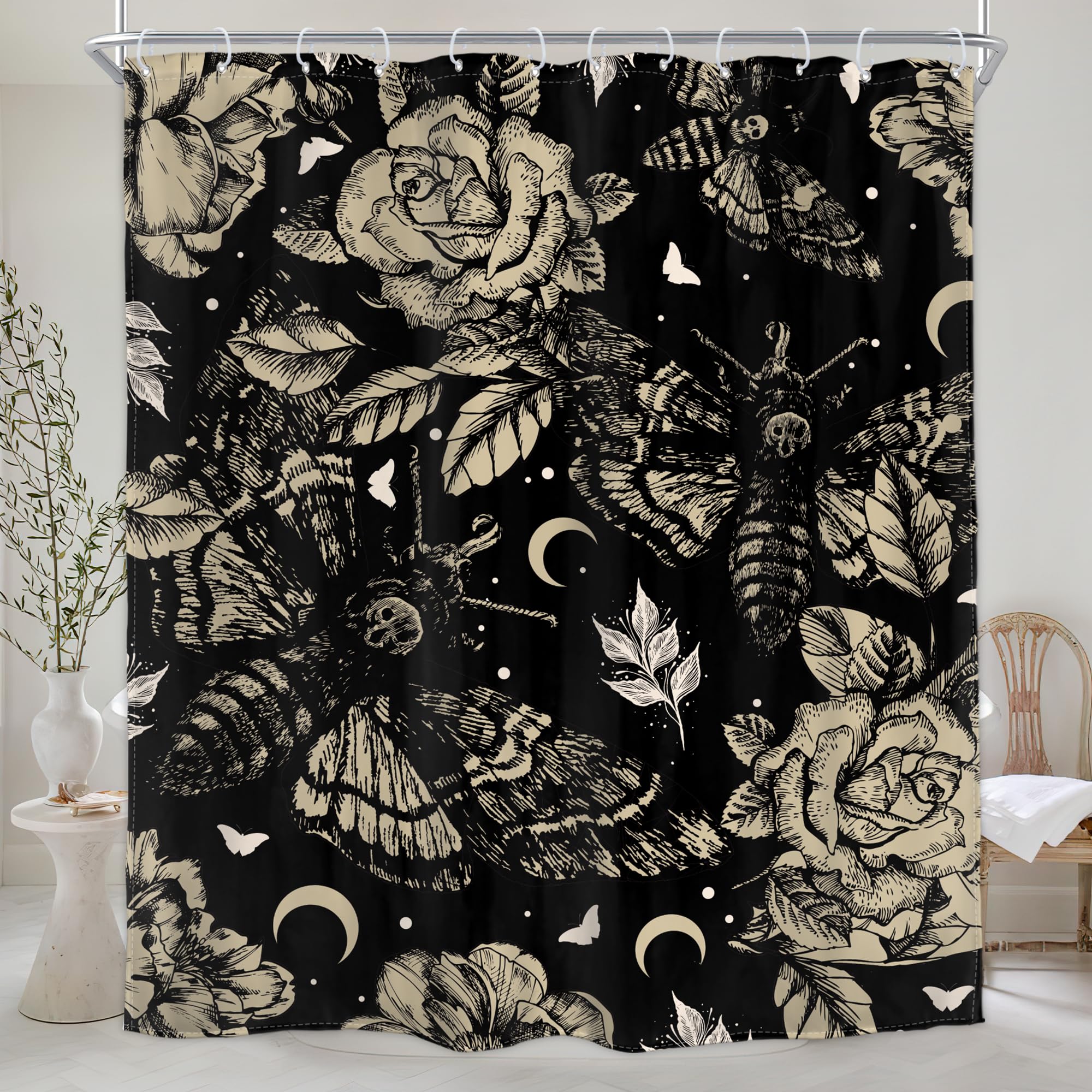 Homewelle Gothic Moth Skull Shower Curtain Mysterious Butterfly Flowers Plants 60Wx72H Inch Vintage Floral Retro Leaves Moon Nig