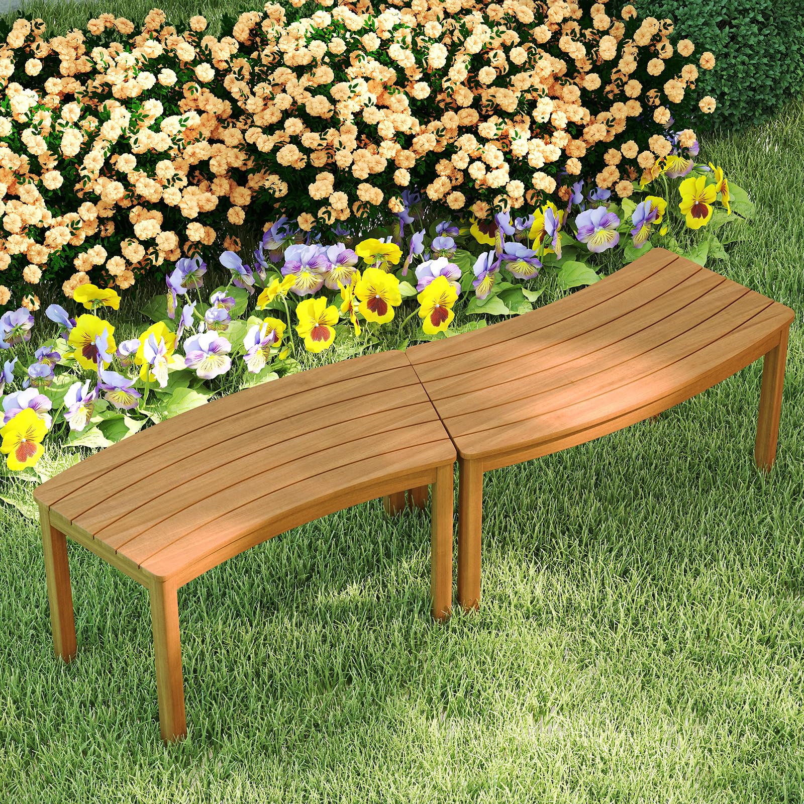 Tangkula Acacia Wood Outdoor Curved Bench Set of 2, Patio Garden Backless Fire Pit Bench with 800 lbs Weight Capacity, Outside S
