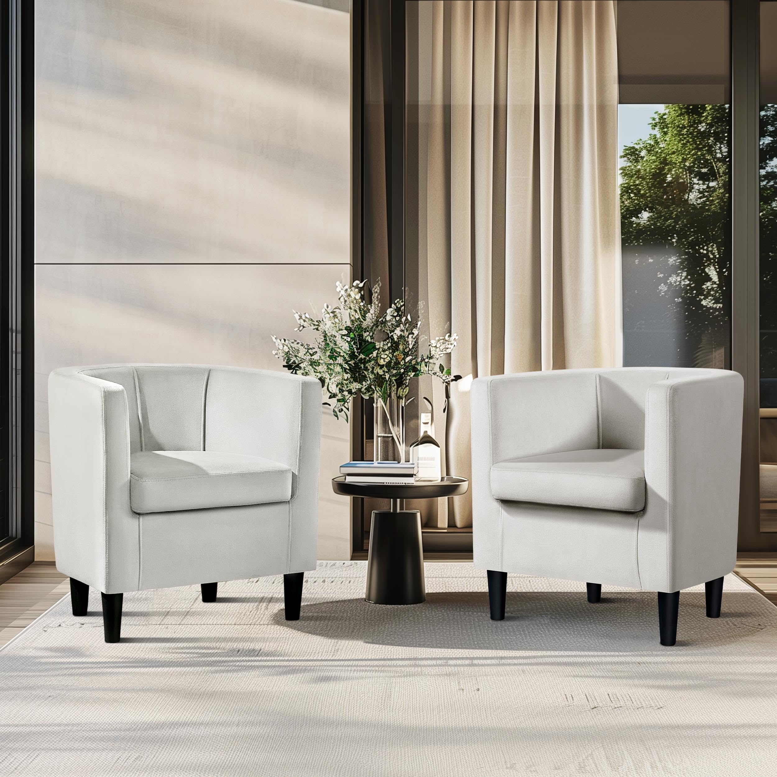 Yaheetech Velvet Accent Chair, Modern And Comfortable Armchairs, Upholstered Barrel Sofa Chair For Living Room Bedroom Waiting Room, Beige, 2Pcs