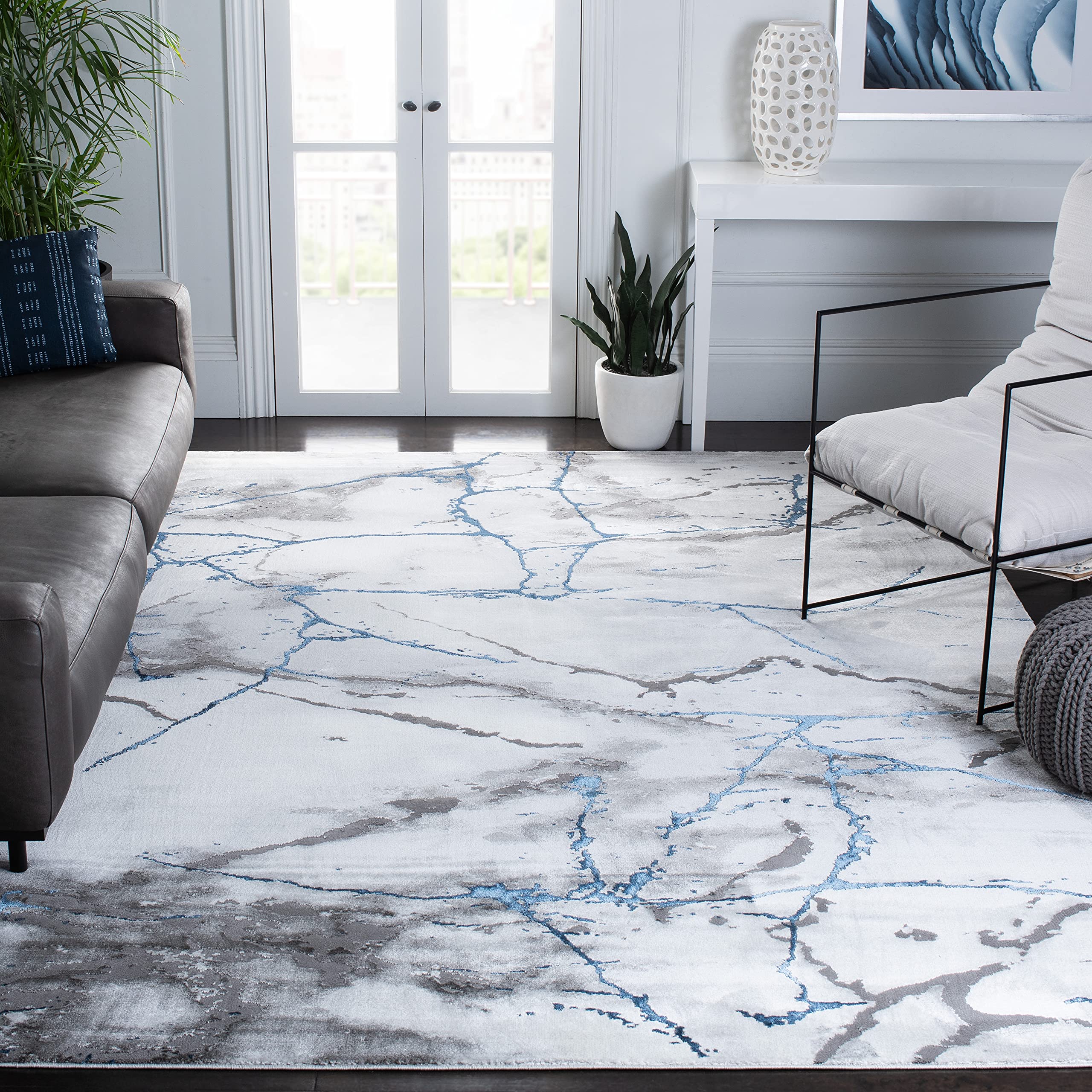 SAFAVIEH Craft Collection Area Rug - 67 x 9, Ivory Grey & Blue, Modern Abstract Design, Non-Shedding & Easy Care, Ideal for Hi