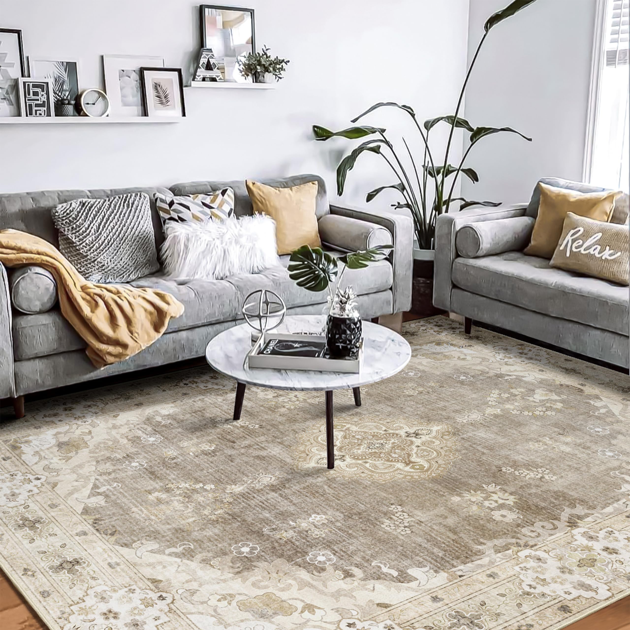 MUJOO Beige Rug 8x10 Area Rugs for Living Room Bedroom Dining Room,Large Washable Boho Bohemian Vintage Distressed Farmhouse N