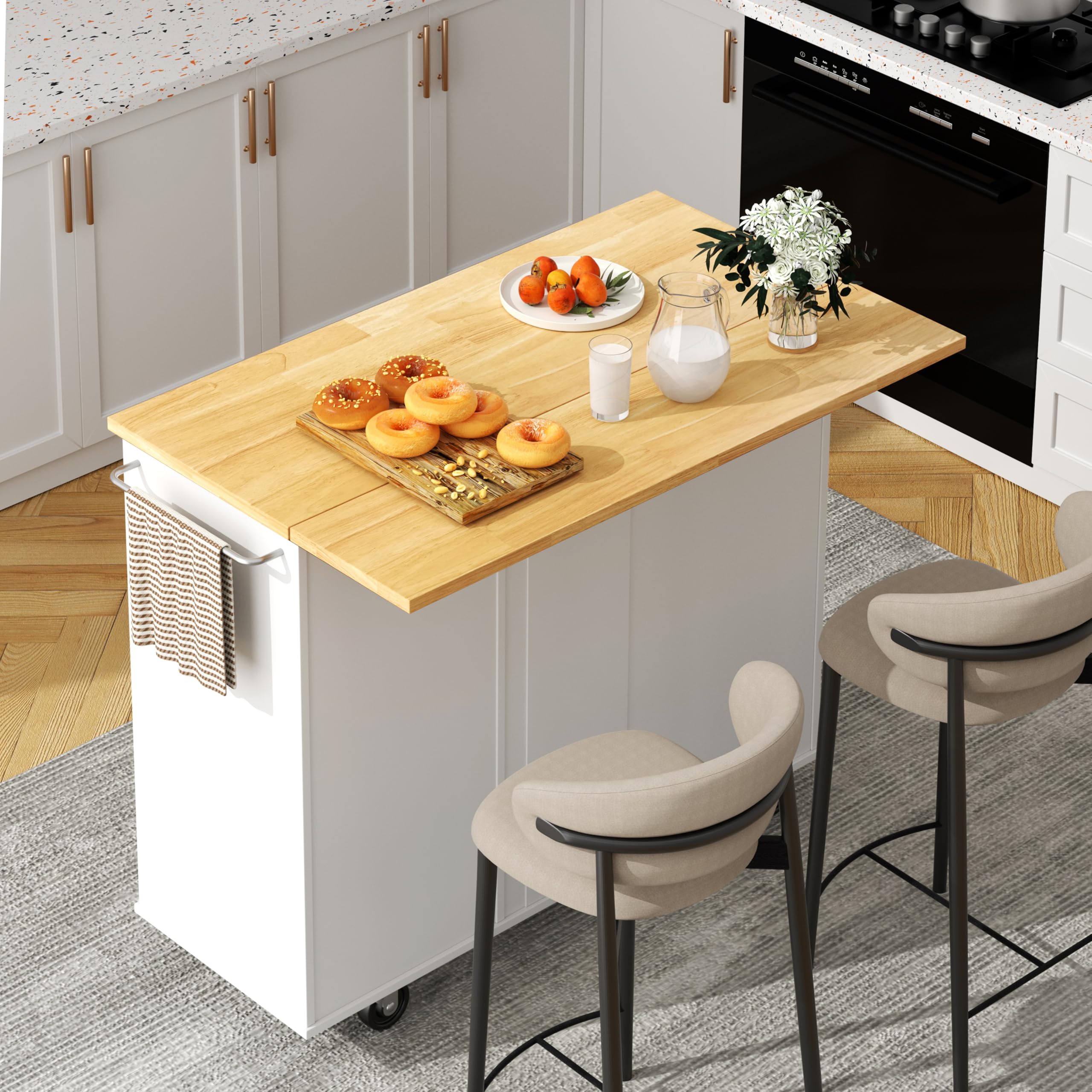 Shintenchi Kitchen Island with Folding Drop Leaf, Rolling Island Table with Storage, Kitchen Cabinet on Wheels with Seating Area