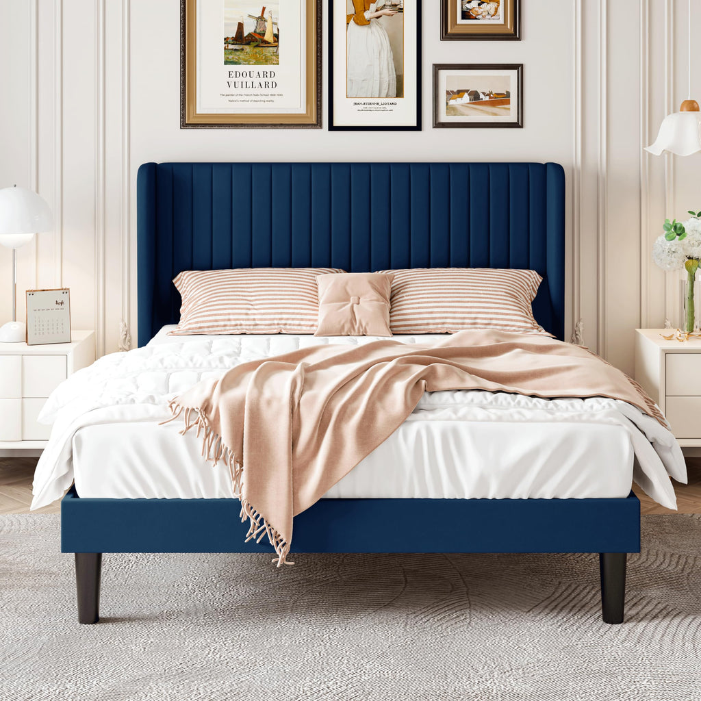 Sha Cerlin Full Size Velvet Bed Frame With Vertical Channel Tufted Wingback Headboard, Upholstered Platform Bed With Wood Slats, No Box Spring Needed, Easy Assembly, Blue
