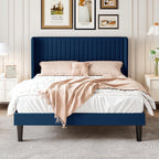 Sha Cerlin Full Size Velvet Bed Frame With Vertical Channel Tufted Wingback Headboard, Upholstered Platform Bed With Wood Slats, No Box Spring Needed, Easy Assembly, Blue
