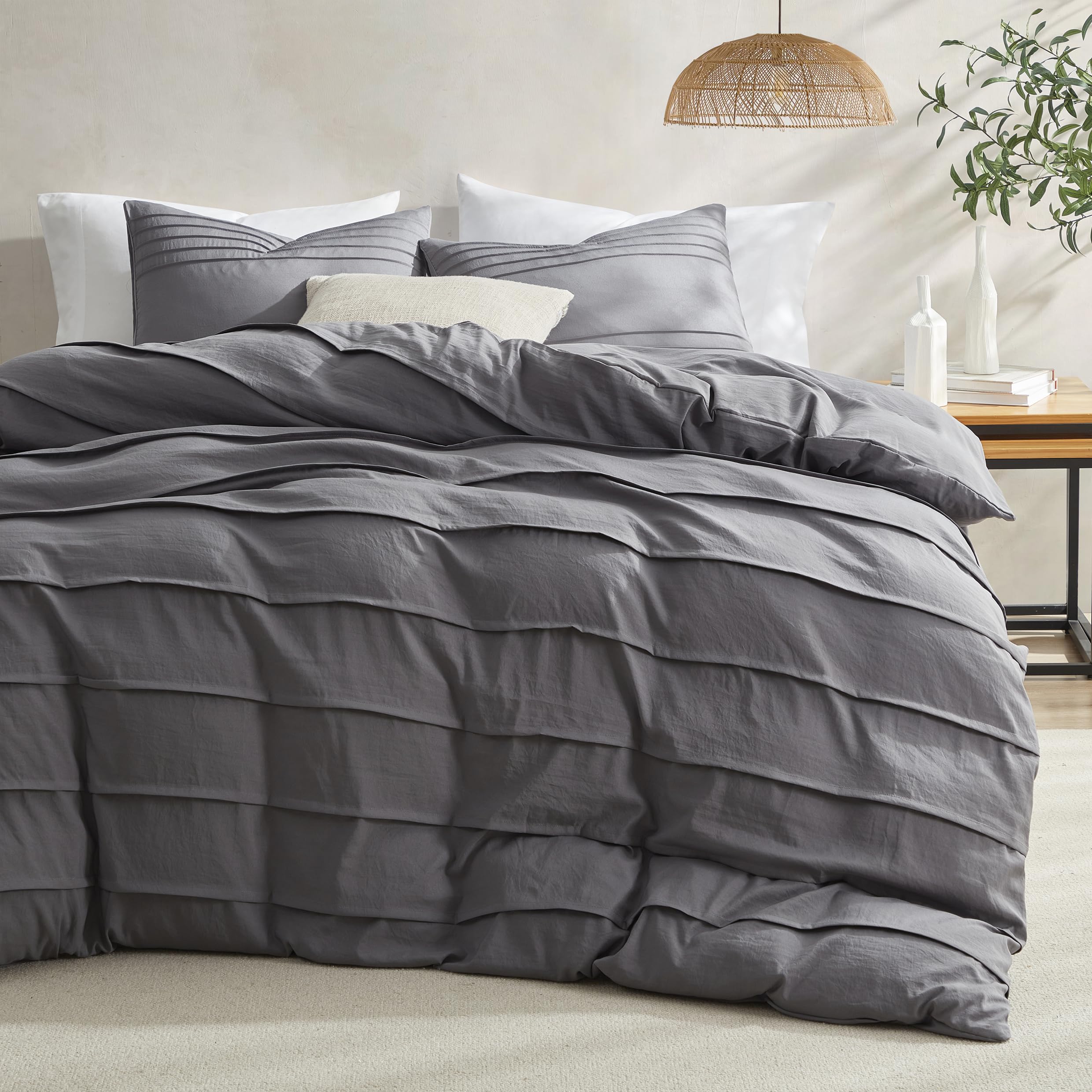 Oli Anderson Grey Duvet Cover Queen Size - Pleated Queen Duvet Cover, 3Pcs Soft And Breathable Textured Bedding Set With Zipper