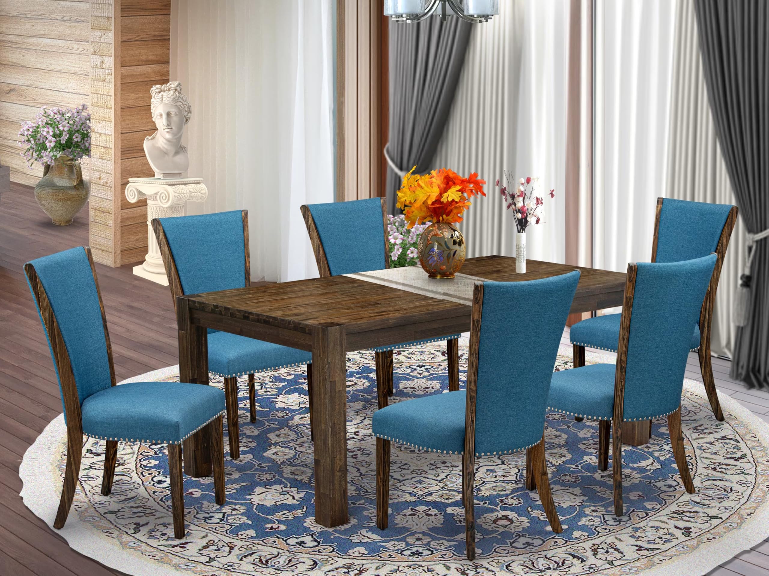 East West Furniture Lmve7-77-21 7 Piece Dining Table Set Consist Of A Rectangle Rustic Wood Kitchen Table And 6 Blue Color Linen Fabric Upholstered Chairs, 40X72 Inch, Jacobean