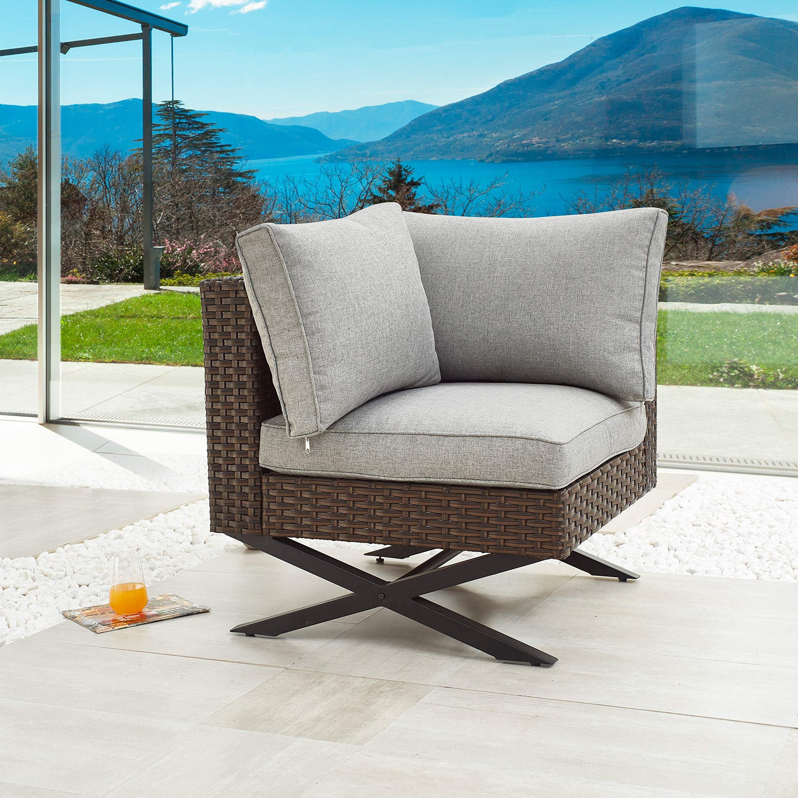 LOKATSE HOME Rattan Corner Sofa X Shape Leg Outdoor Furniture Patio Left-arm Chair with Cushions for Garden, Pool, Backyard, Bro