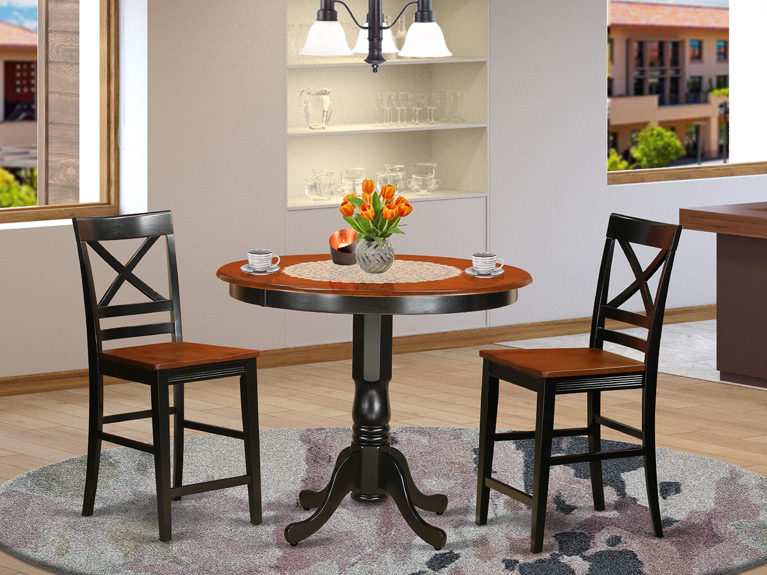 East West Furniture Trqu3-Blk-W 3 Pc Counter Height Pub Set-Pub Table And 2 Bar Stools With Backs