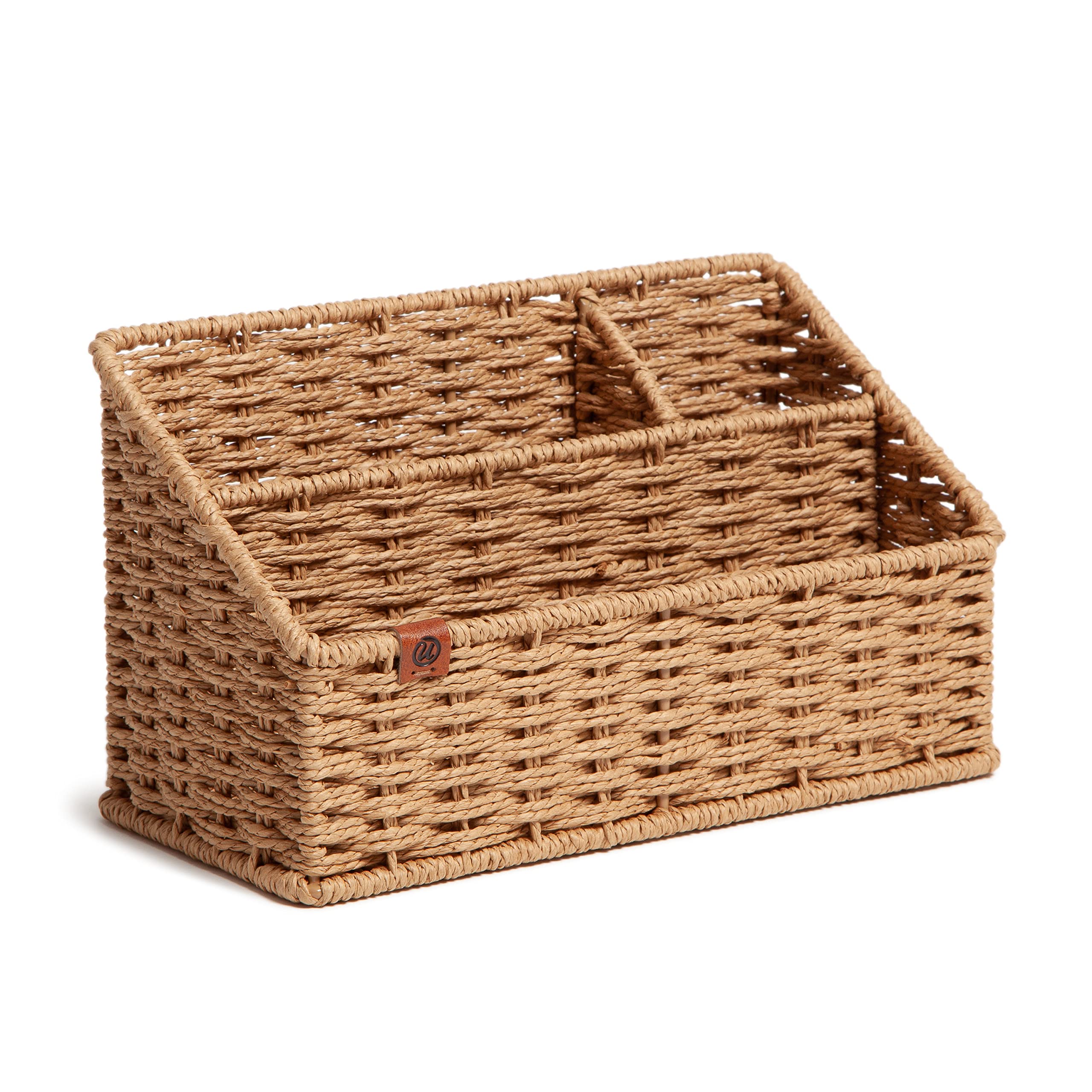 U Brands Woven All-In-1 Desk Organizer, Rattan-Inspired Wicker Style Office Organization Supplies, 1 Count
