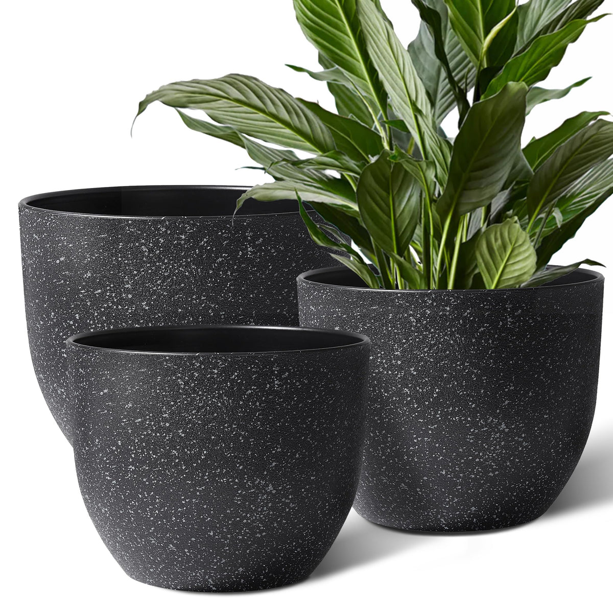 Giraffe Creation 12/10/9 Set Of 3 Speckled Black Plant Pots, Modern Indoor & Outdoor Planters With Drainage Holes And Saucers