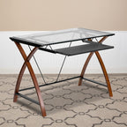 Flash Furniture Jude Tempered Glass Computer Desk with Pull-Out Keyboard Tray and Crisscross Frame, Small Computer Desk for Home Office, Cherry/Clear