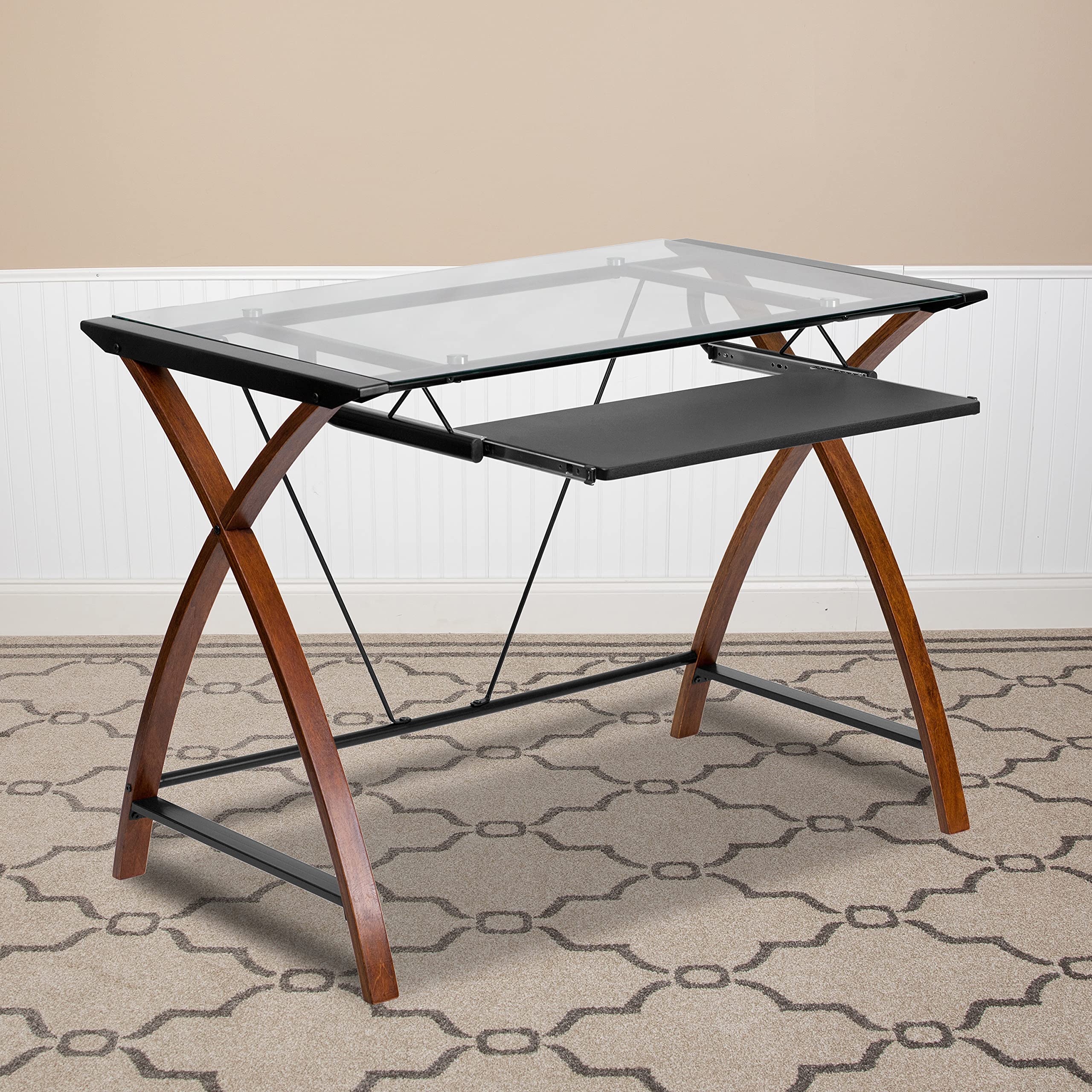 Flash Furniture Jude Tempered Glass Computer Desk with Pull-Out Keyboard Tray and Crisscross Frame, Small Computer Desk for Home Office, Cherry/Clear